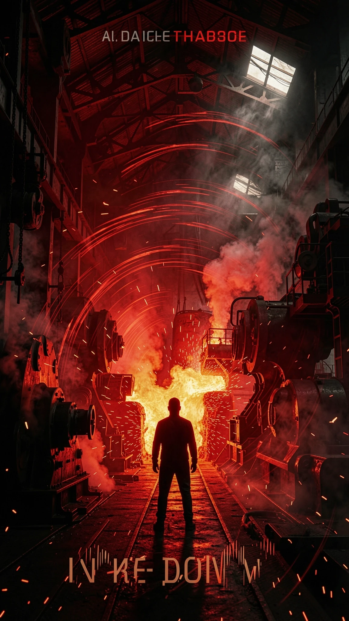 Dark industrial scene, massive factory interior, glowing molten metal, heavy machinery, silhouetted figure standing in the center, bass waves visualized as shockwaves, red and…