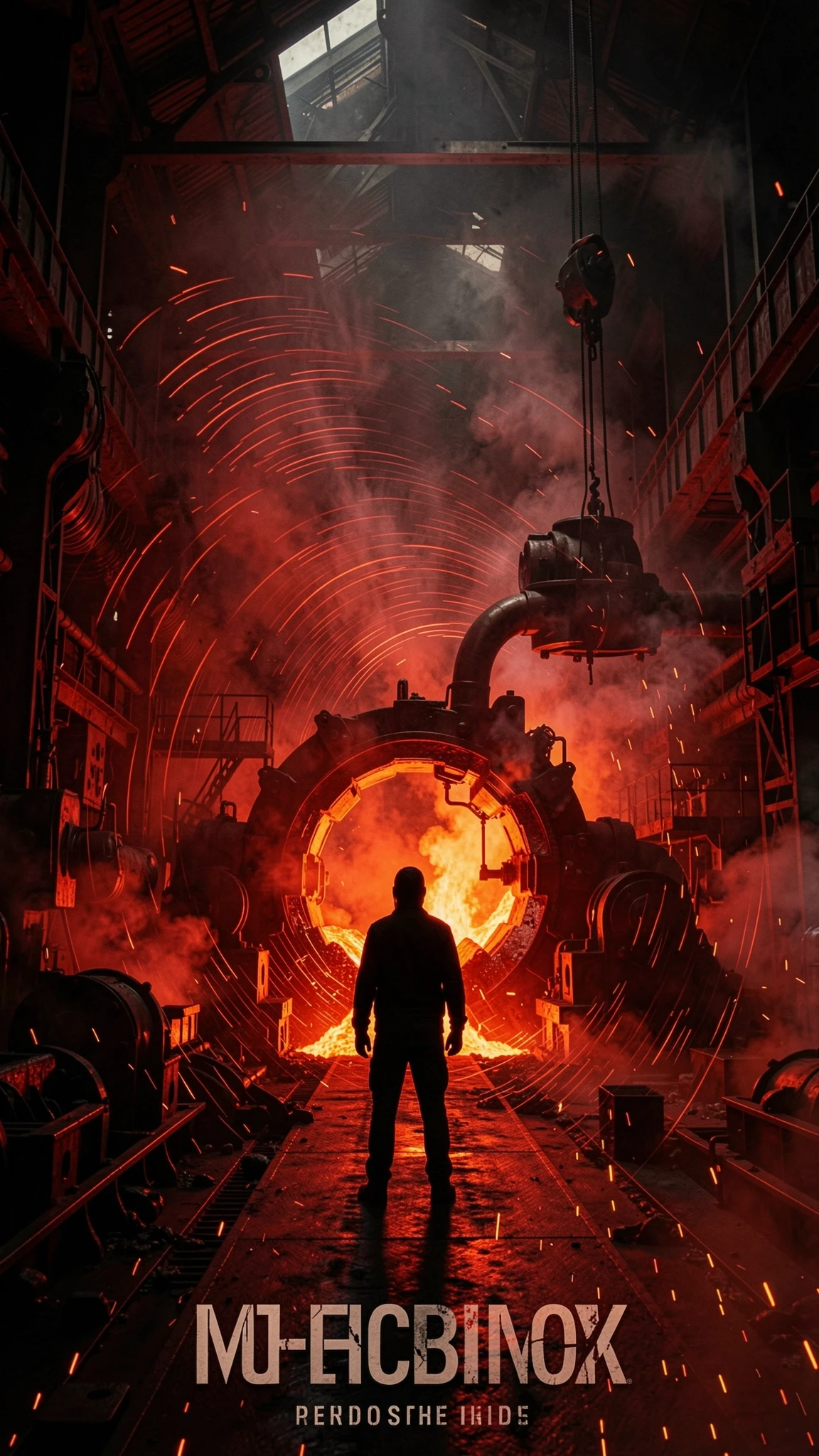 Dark industrial scene, massive factory interior, glowing molten metal, heavy machinery, silhouetted figure standing in the center, bass waves visualized as shockwaves, red and…