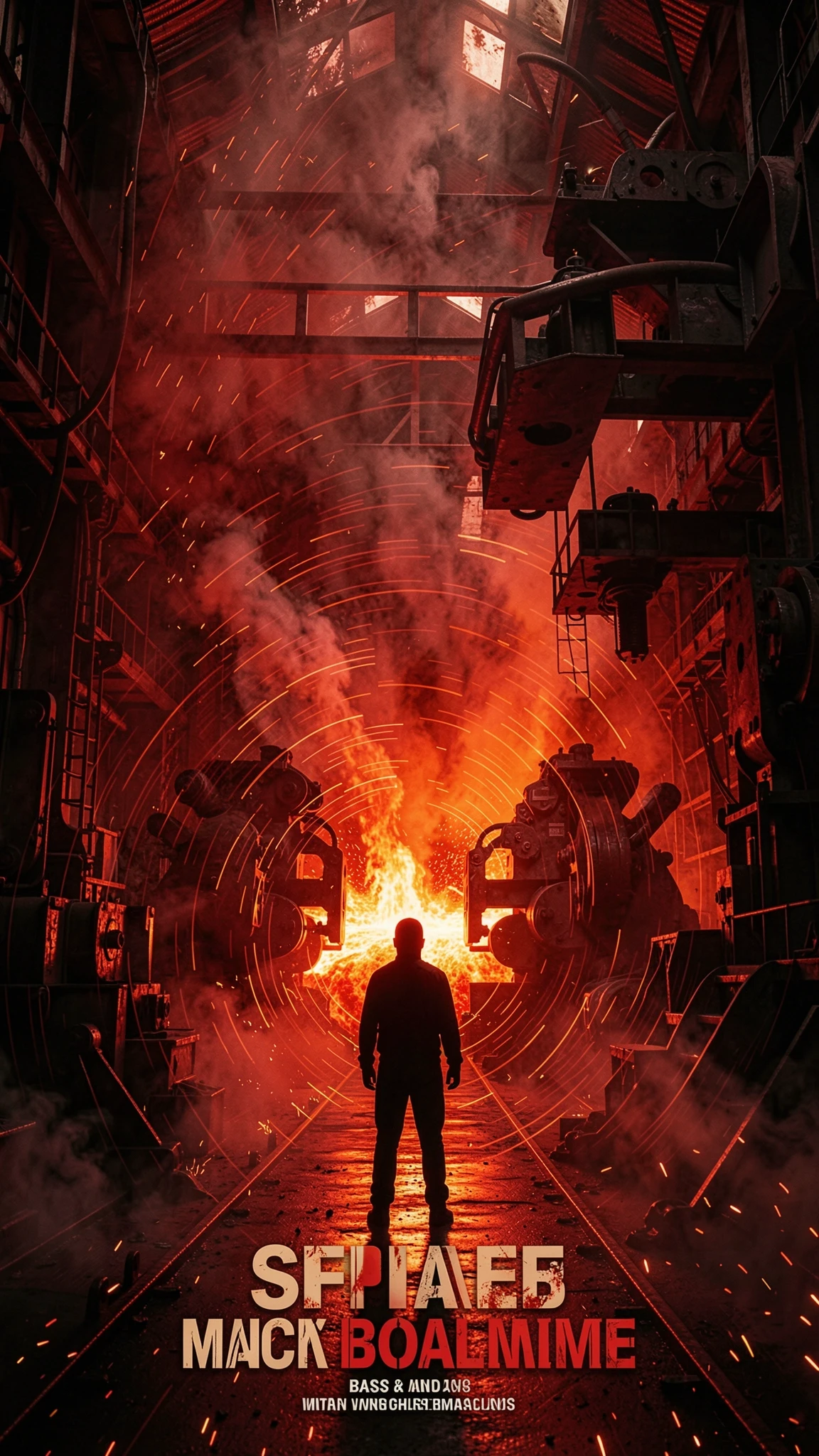 Dark industrial scene, massive factory interior, glowing molten metal, heavy machinery, silhouetted figure standing in the center, bass waves visualized as shockwaves, red and…