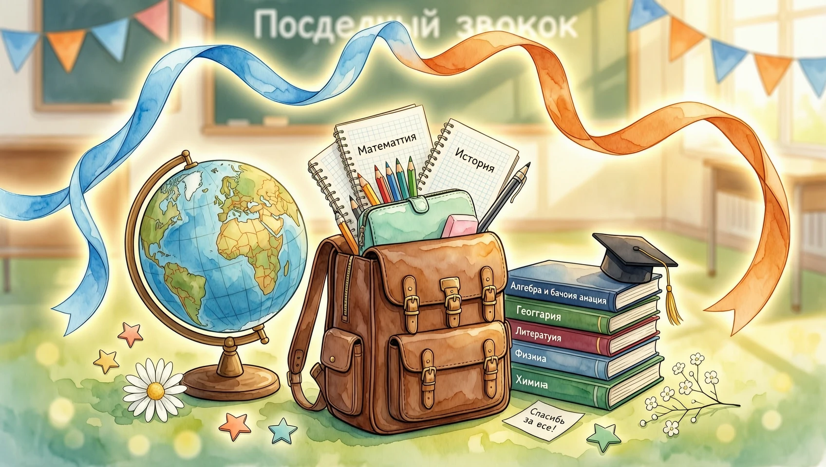 Праздничная открытка на последний звонок. На первом плане красивая композиция из школьных атрибутов: глобус, стопка книг, коричневый школьный ранец, выглядывающий из него пенал…