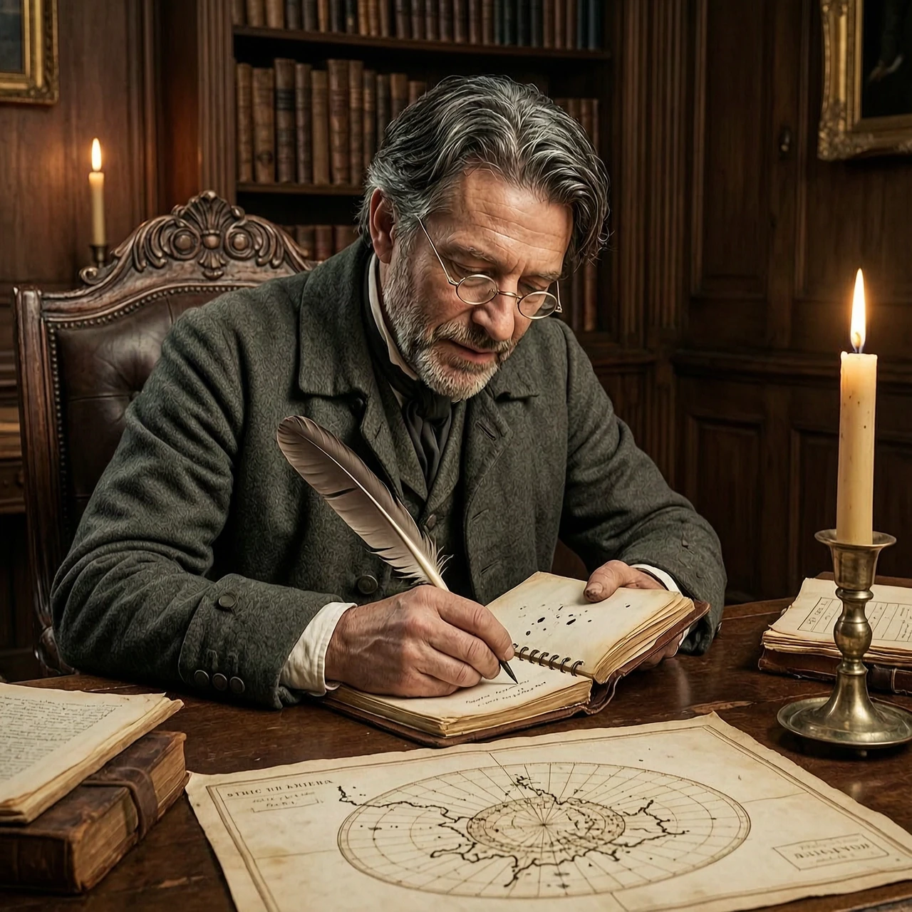 a lean 18th-century scholar, about 40, dark hair streaked with grey, pince-nez glasses, quill behind his ear, ink-stained frock coat, writing in a thick leather journal by…