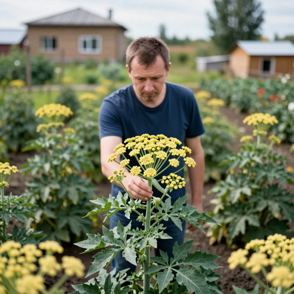 A man looks at hogweed in the center of a dacha plot — работа пользователя Эмоциональная Трансмутация