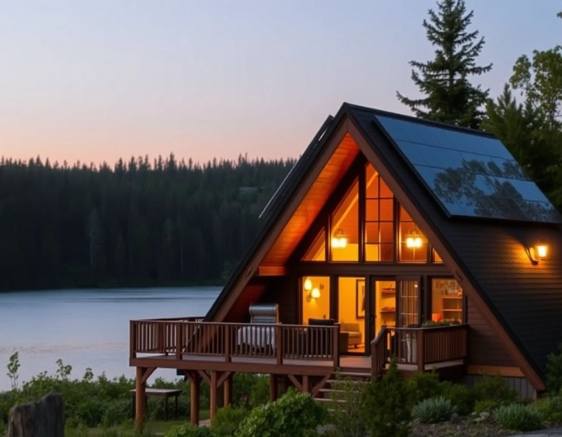 Horizontal architectural photography, cozy triangular A-frame cabin for resort business, solar panels on the sloping roof, glowing warm lights inside, forest lake background,…