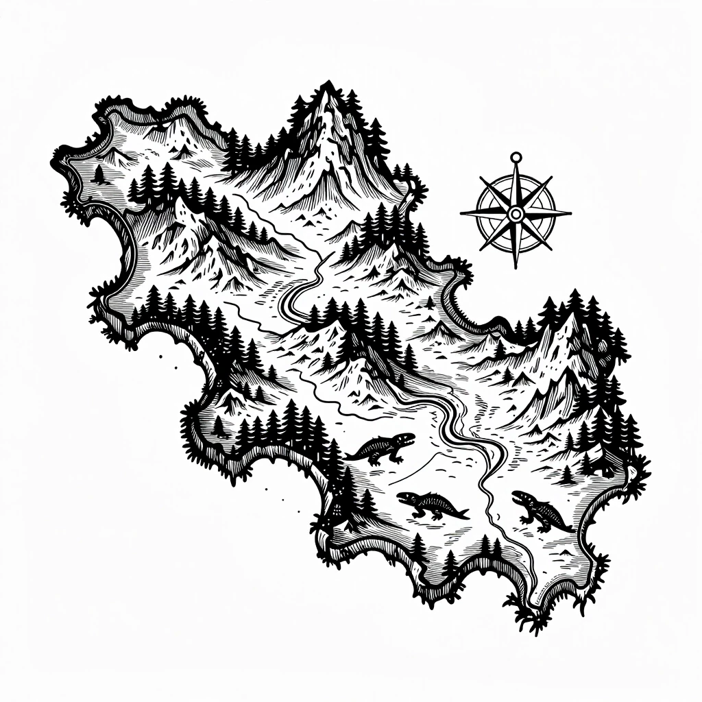 Vintage nautical map, detailed line art vector design, Tainted Grail style. Flat top-down overhead view of a dark fantasy island. Intricate vintage engraving style with fine…