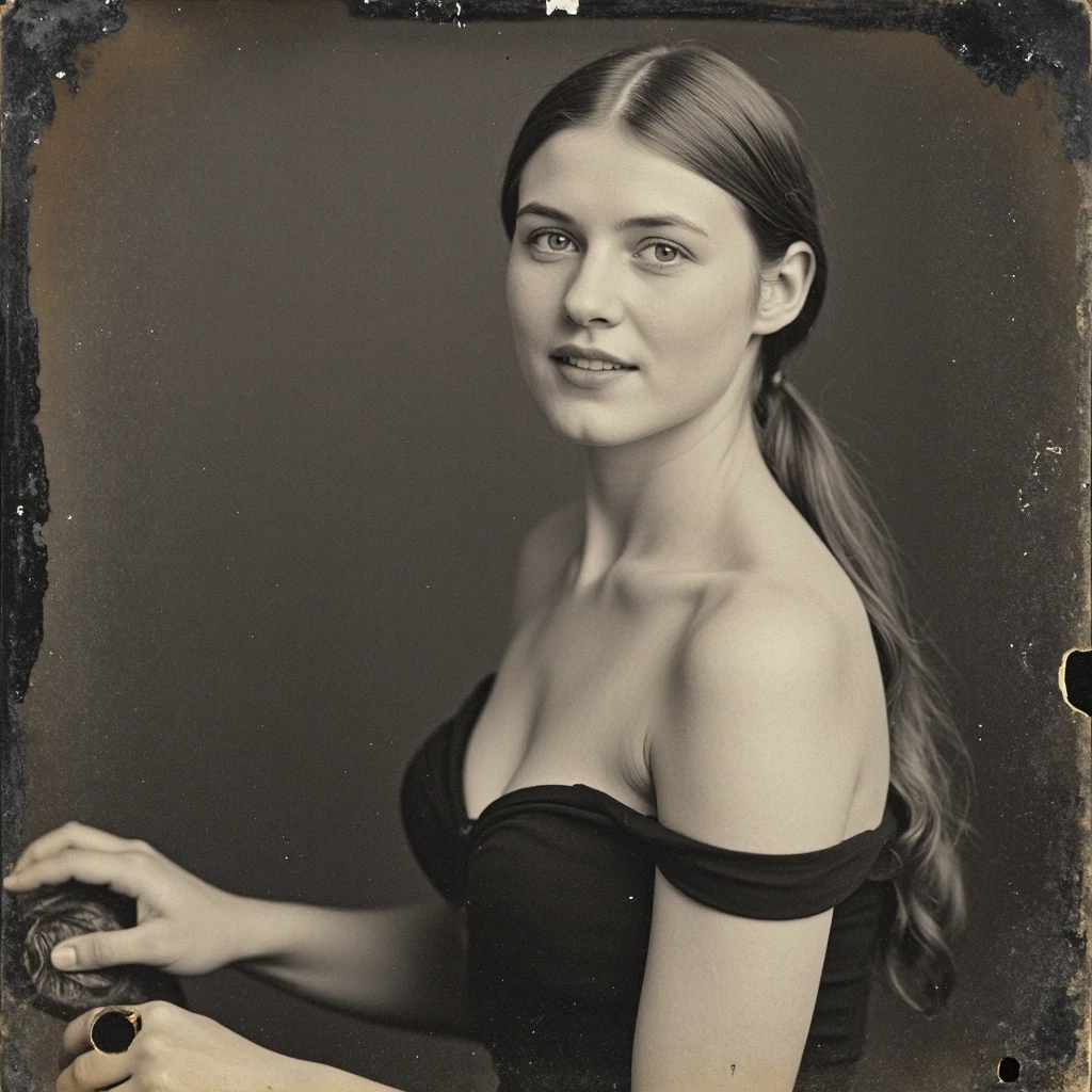 Молодая женщина (примерно 25–28 лет), стройная, светлая кожа, длинные волосы собраны на затылке, голубые/серые глаза, нейтральное уверенное выражение лица с лёгкой…