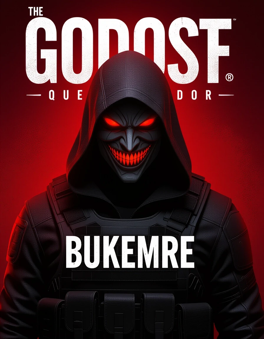 Cinematic portrait, dark fantasy concept art. On a plain blood-burgundy backdrop, a threatening silhouette of a hooded man. No face visible, only cunning, angular eye-slits and…