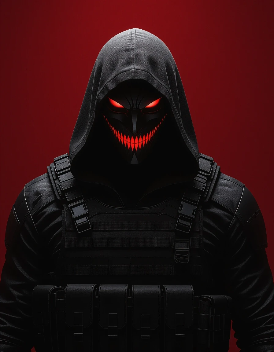Cinematic portrait, dark fantasy concept art. On a plain blood-burgundy backdrop, a threatening silhouette of a hooded man. No face visible, only cunning, angular eye-slits and…