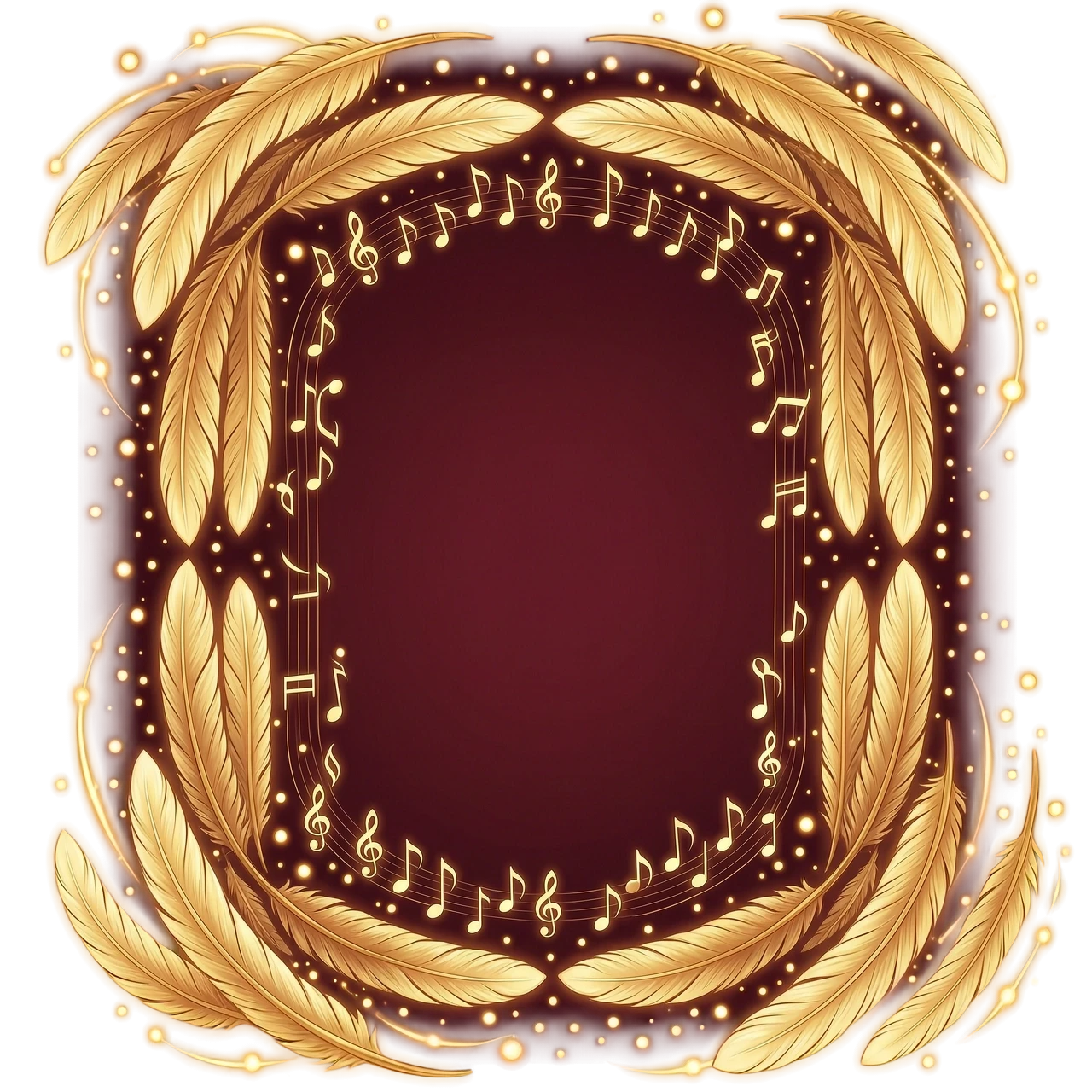 An elegant rectangular frame for a text box, made of glowing golden firebird feathers and subtle musical notes, sparks of light, dark burgundy background, magical folklore…
