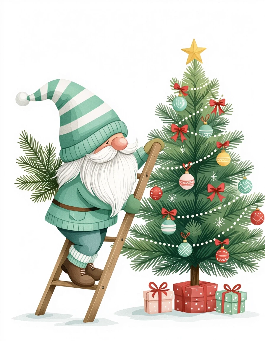 Скандинавский гном ::9. минимализм::5. векторная графика ::8. Гномик в мятных носках с заплатками на пятках, лезет по лесенке,наряжает рождественскую ёлку,украшенную новогодними…