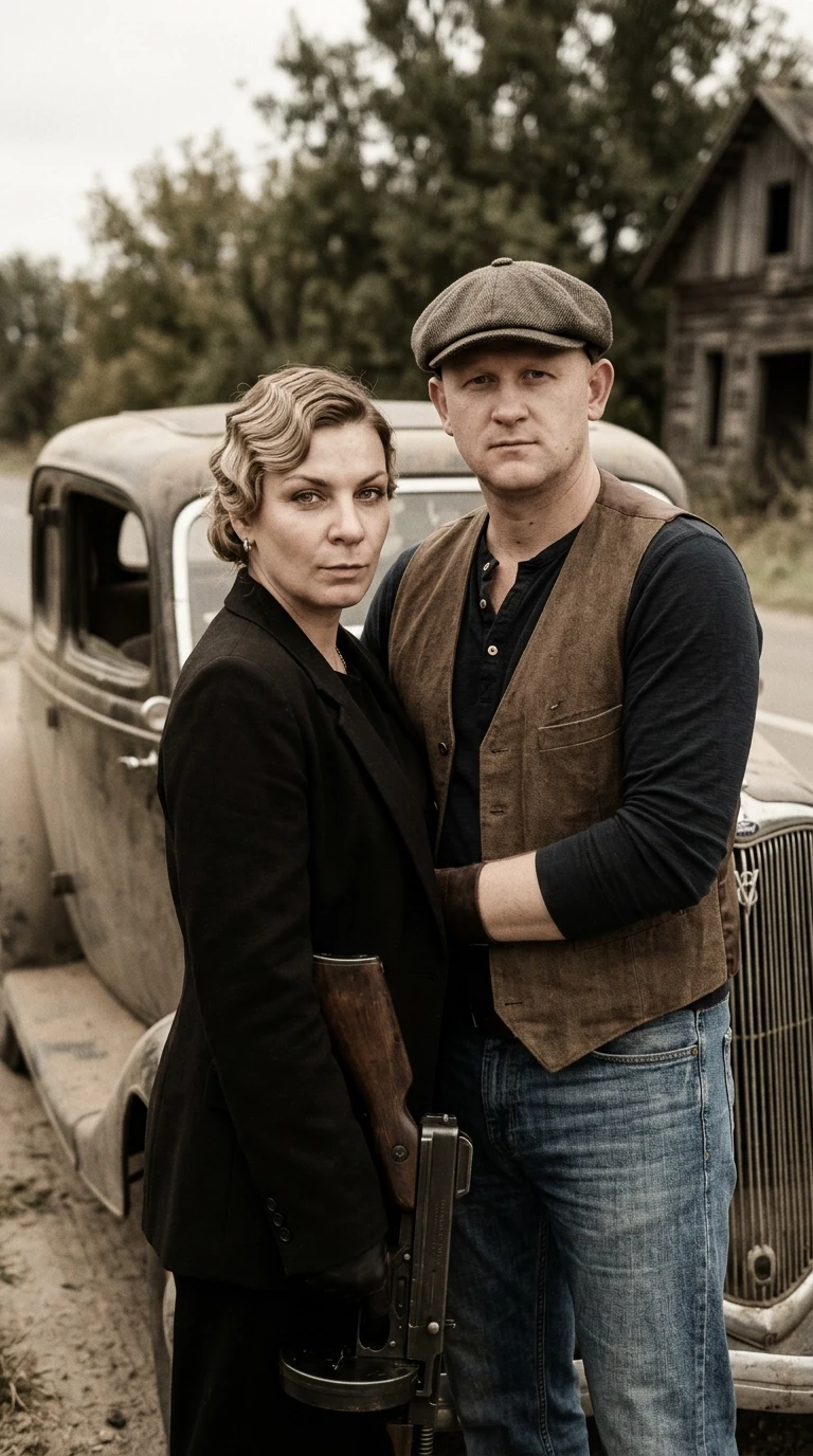 Hyper-realistic cinematic still of a man and a woman portrayed as Bonnie and Clyde, captured in the style of a vintage 1930s authentic film photograph. The composition is a…