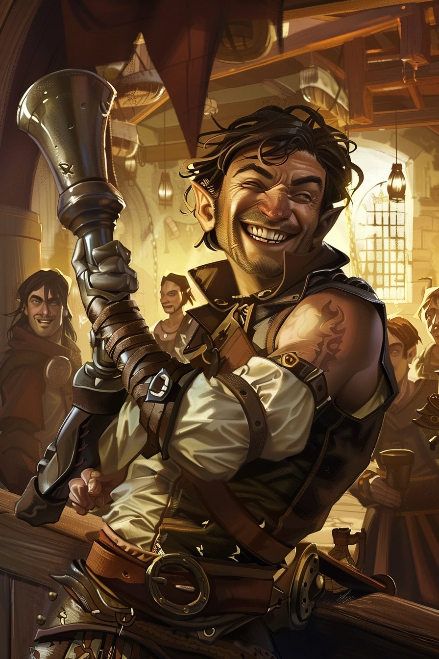 Fantasy character portrait, human male, messy hair, crooked smile, left arm in metal brace, holding a command horn, worn leather armor, background shows party of adventurers,…