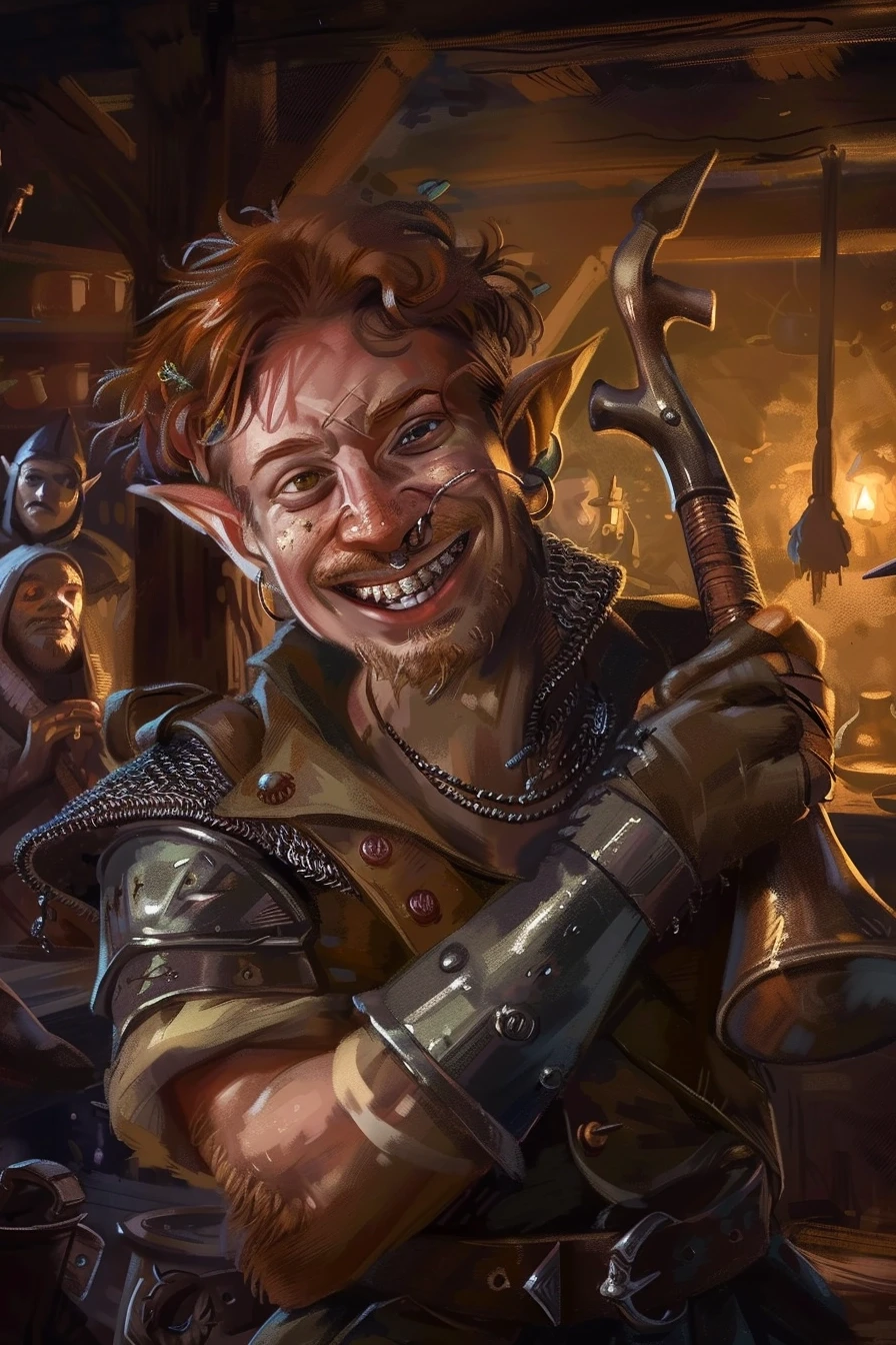 Fantasy character portrait, human male, messy hair, crooked smile, left arm in metal brace, holding a command horn, worn leather armor, background shows party of adventurers,…
