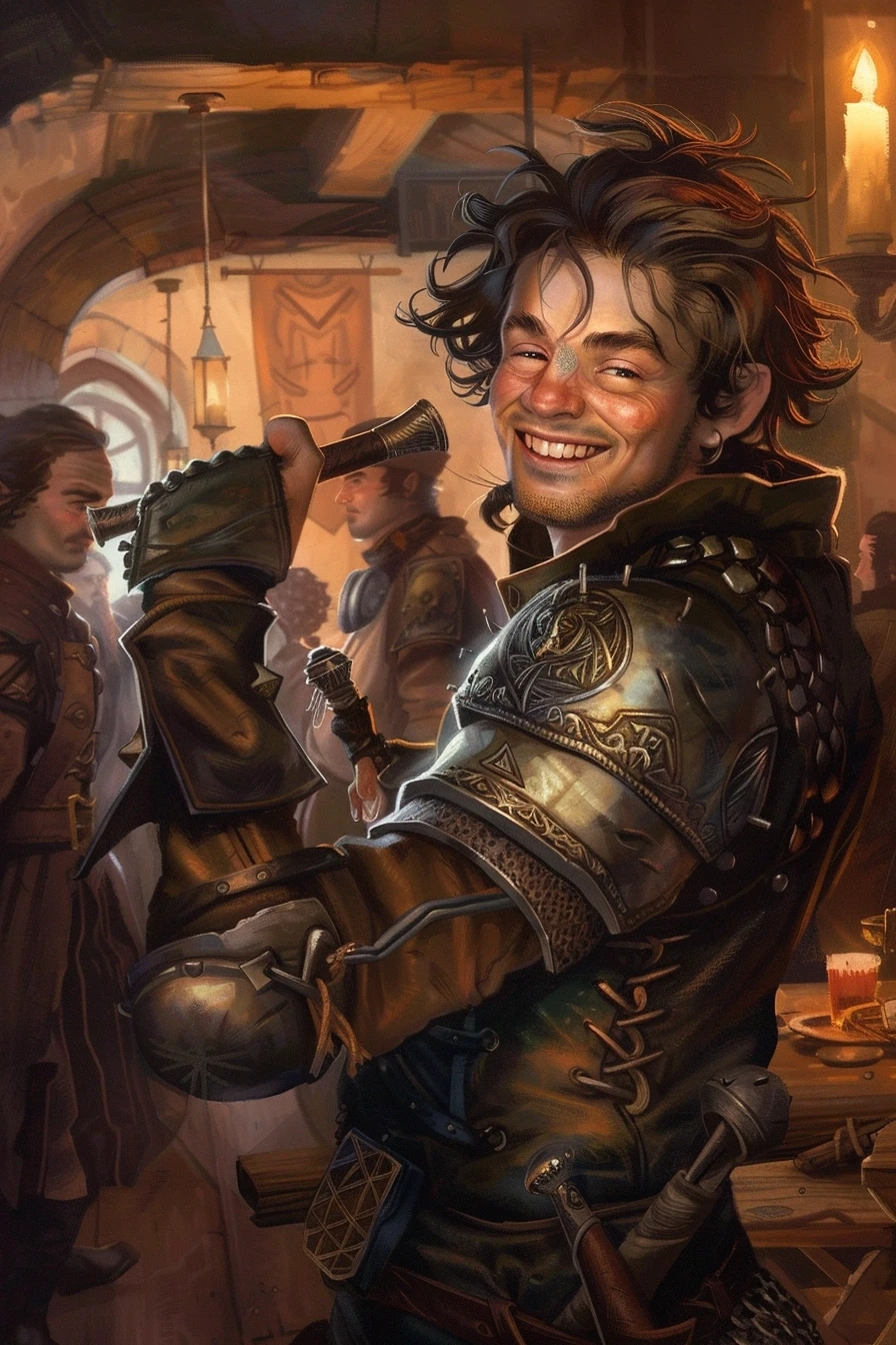 Fantasy character portrait, human male, messy hair, crooked smile, left arm in metal brace, holding a command horn, worn leather armor, background shows party of adventurers,…