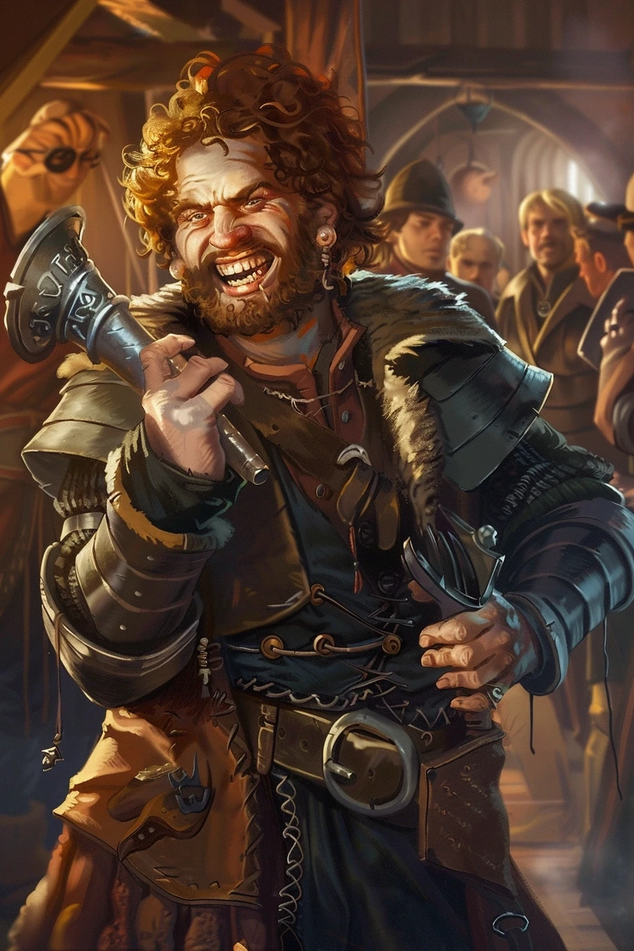 Fantasy character portrait, human male, messy hair, crooked smile, left arm in metal brace, holding a command horn, worn leather armor, background shows party of adventurers,…