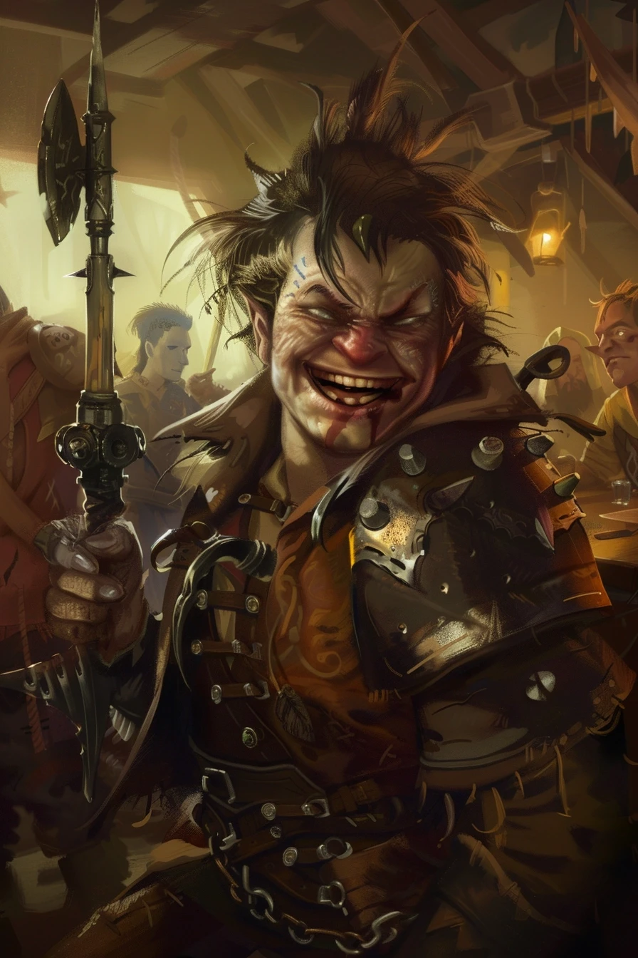 Fantasy character portrait, human male, messy hair, crooked smile, left arm in metal brace, holding a command horn, worn leather armor, background shows party of adventurers,…