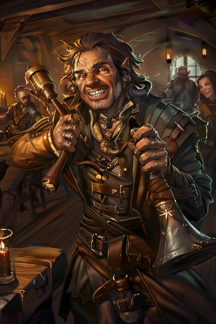 Fantasy character portrait, human male, messy hair, crooked smile, left arm in metal brace, holding a command horn, worn leather armor, background shows party of adventurers,…
