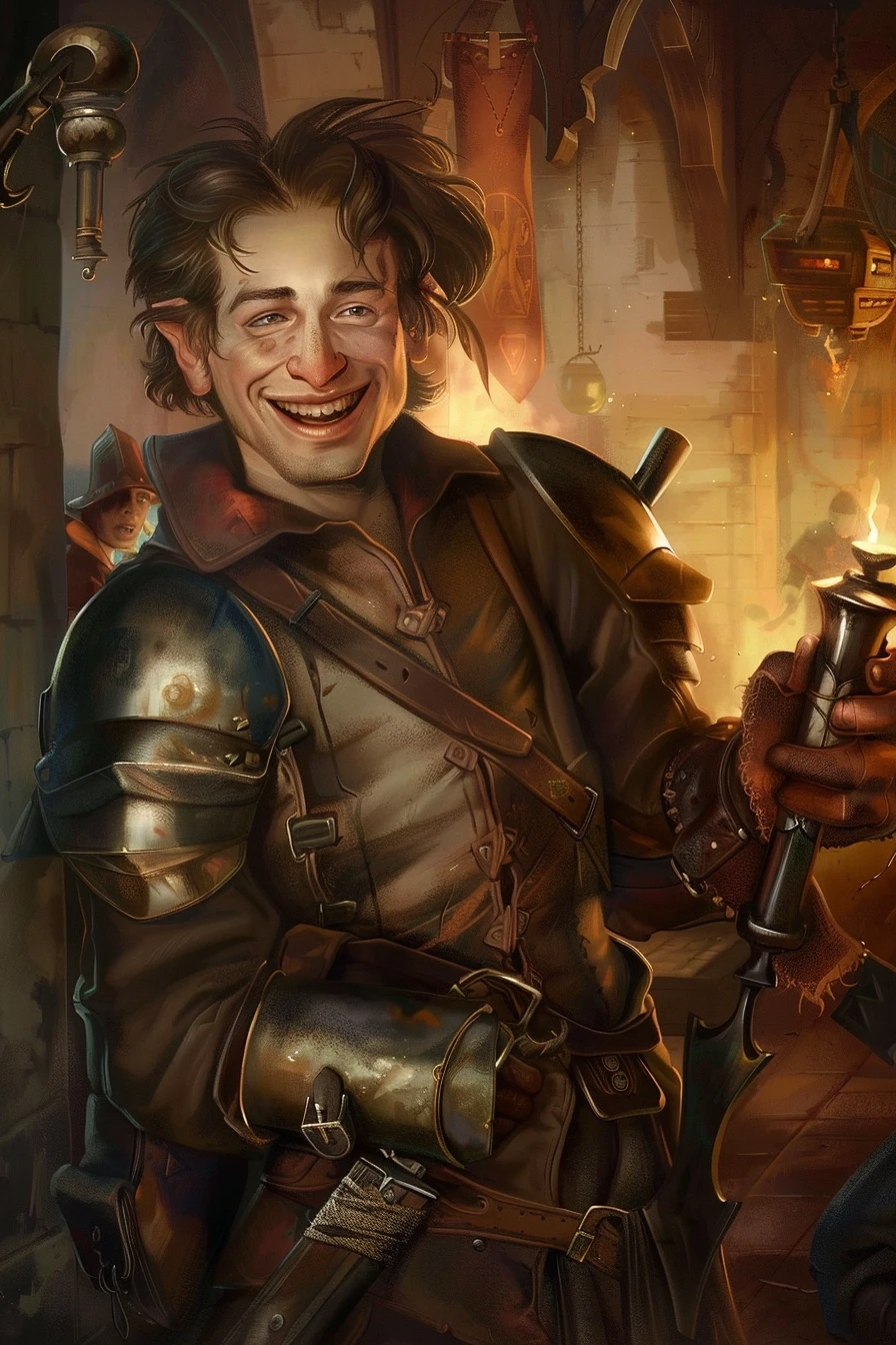 Fantasy character portrait, human male, messy hair, crooked smile, left arm in metal brace, holding a command horn, worn leather armor, background shows party of adventurers,…