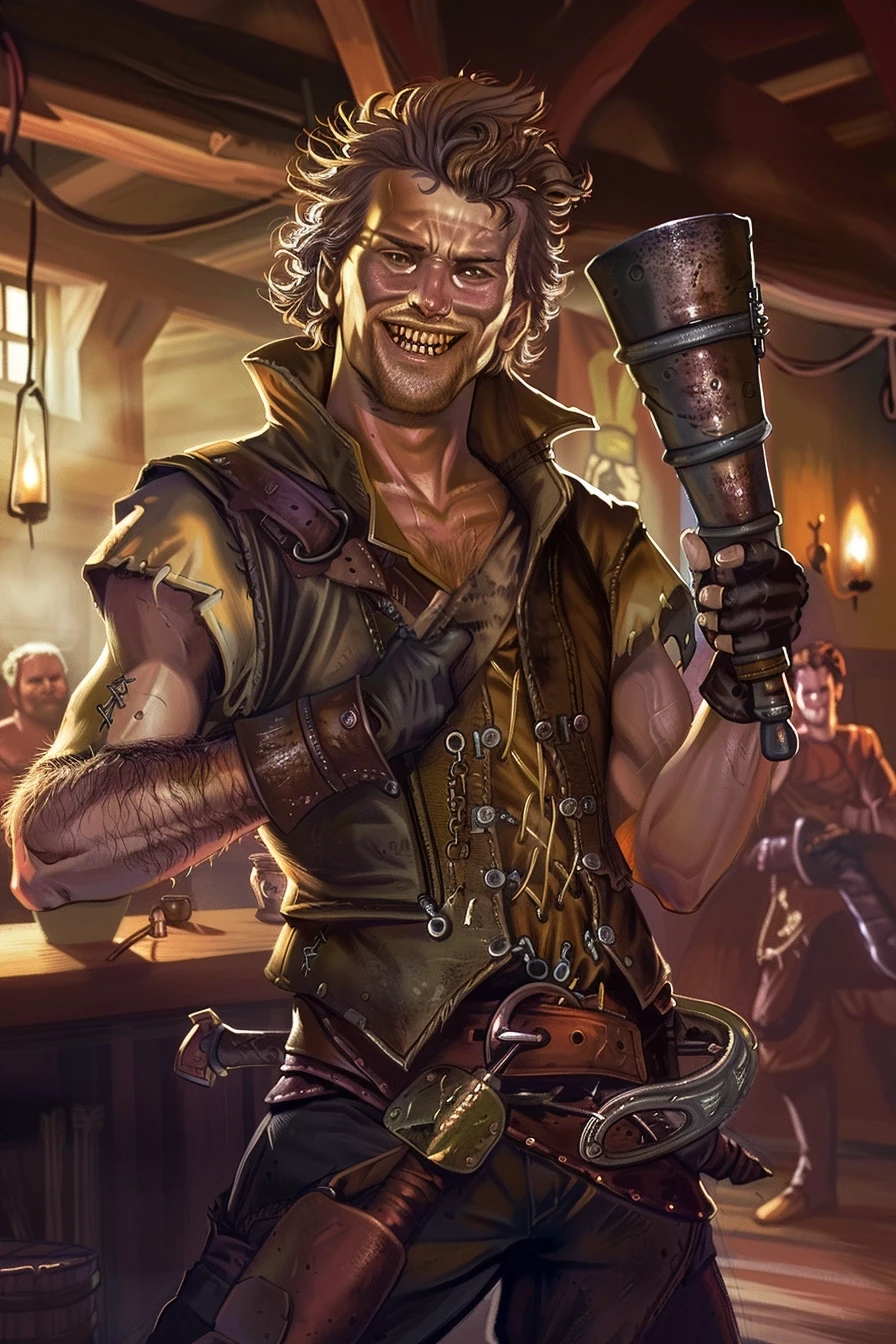 Fantasy character portrait, human male, messy hair, crooked smile, left arm in metal brace, holding a command horn, worn leather armor, background shows party of adventurers,…
