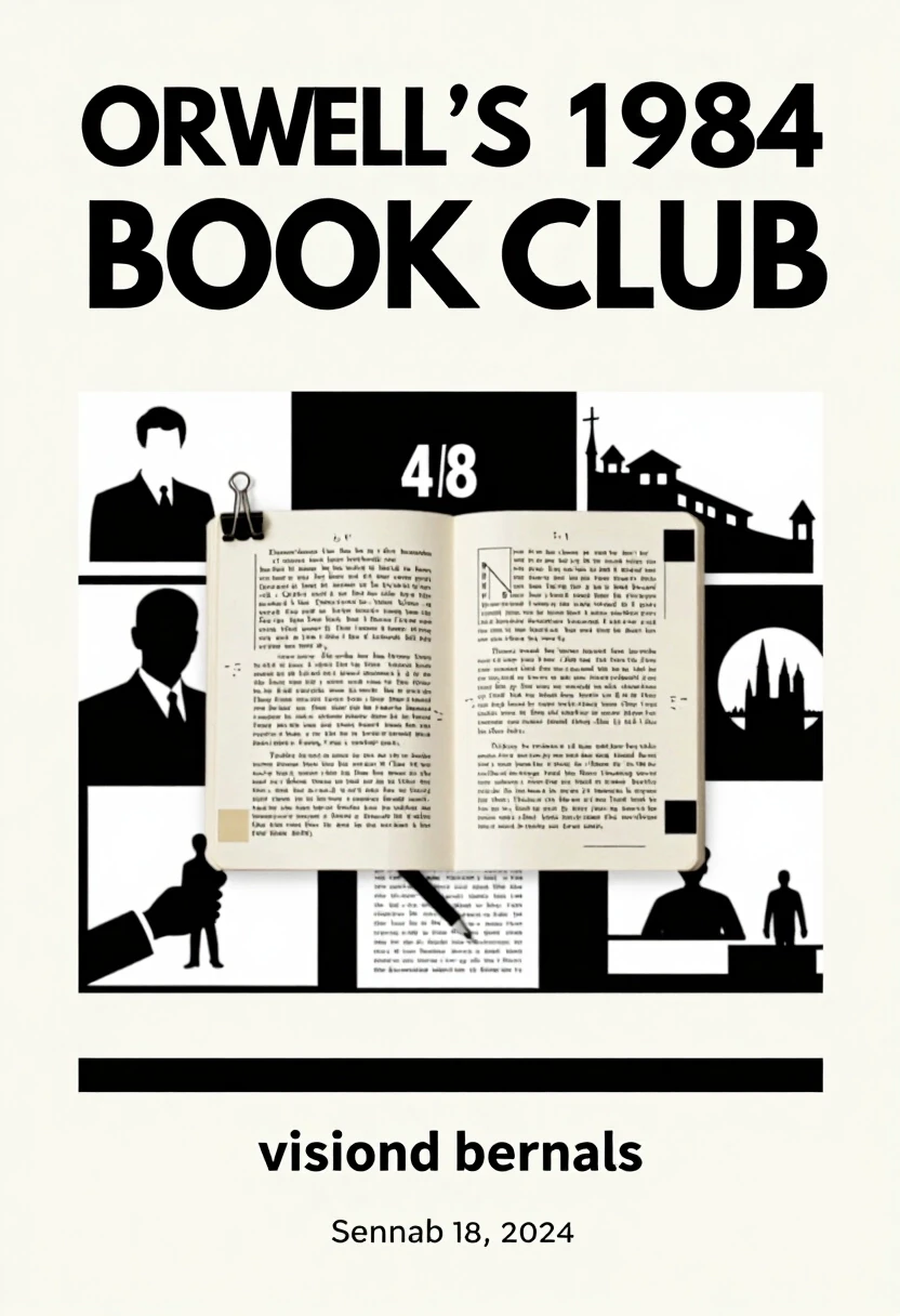 Сделай афишу книжного клуба по Оруэллу 1984 где люди создают карту желаний с картинками — работа пользователя Элегантная Дифракция