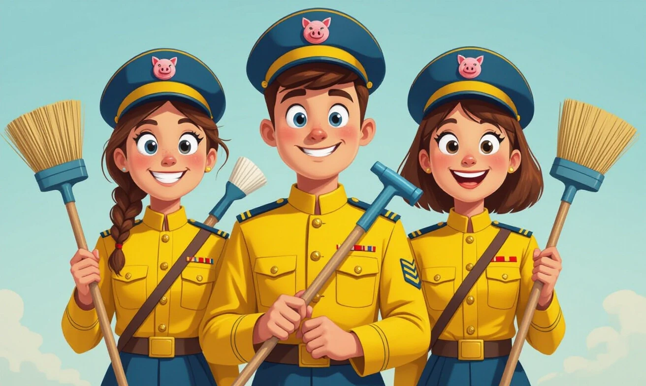 Teenagers with stupid faces, in yellow and blue military uniforms, wearing military caps with cockades in the shape of a pig's head, holding brooms and plungers in their…