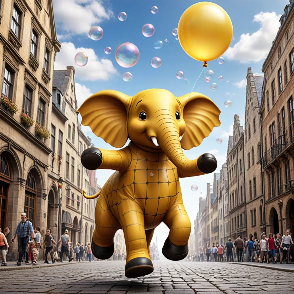 A huge yellow checkered elephant with leather wings is joyfully jumping on the stone pavement in black boots, surrounded by floppy-eared creatures in pointed hats blowing soap…