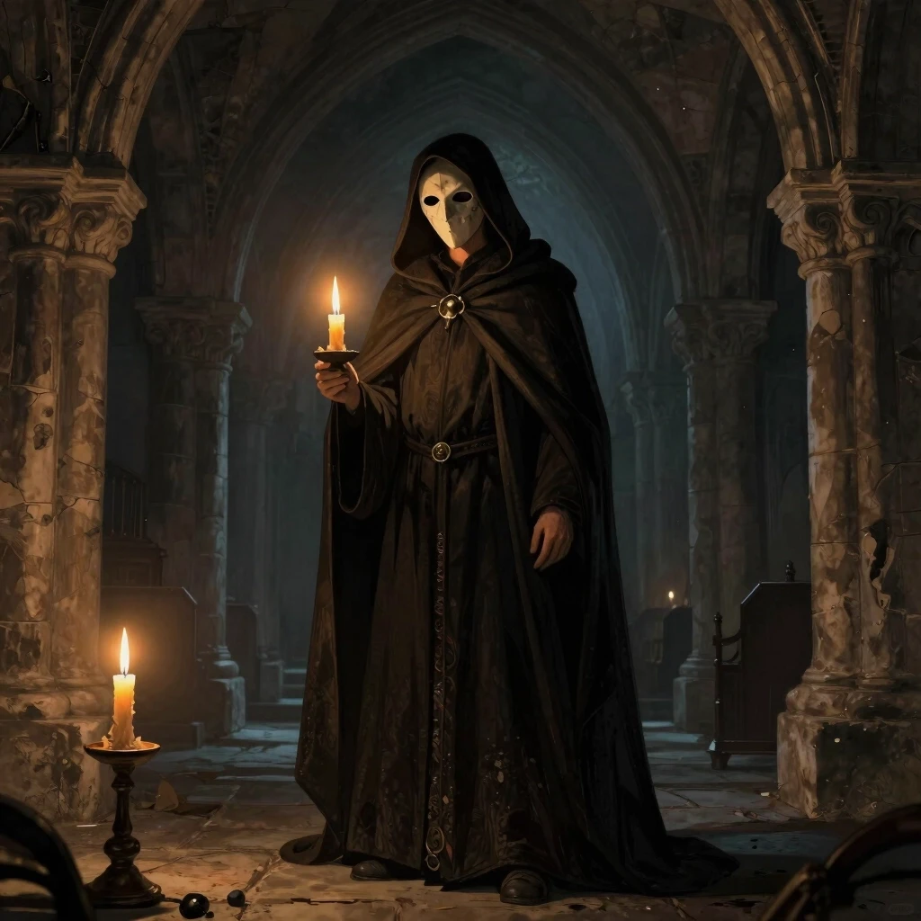 Under the vaults of an ancient medieval church, in the semi-darkness, by the lit candles, stands a mysterious man in a long, ankle-length cloak, a hood thrown over his head, his…