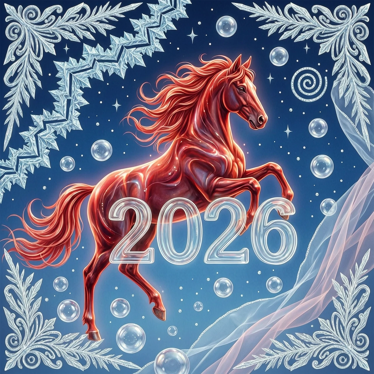 In the double exposure style. An ephemeral mythical creature in the form of a beautiful scarlet fiery horse with a long wavy mane collects the word "2026" from glass…