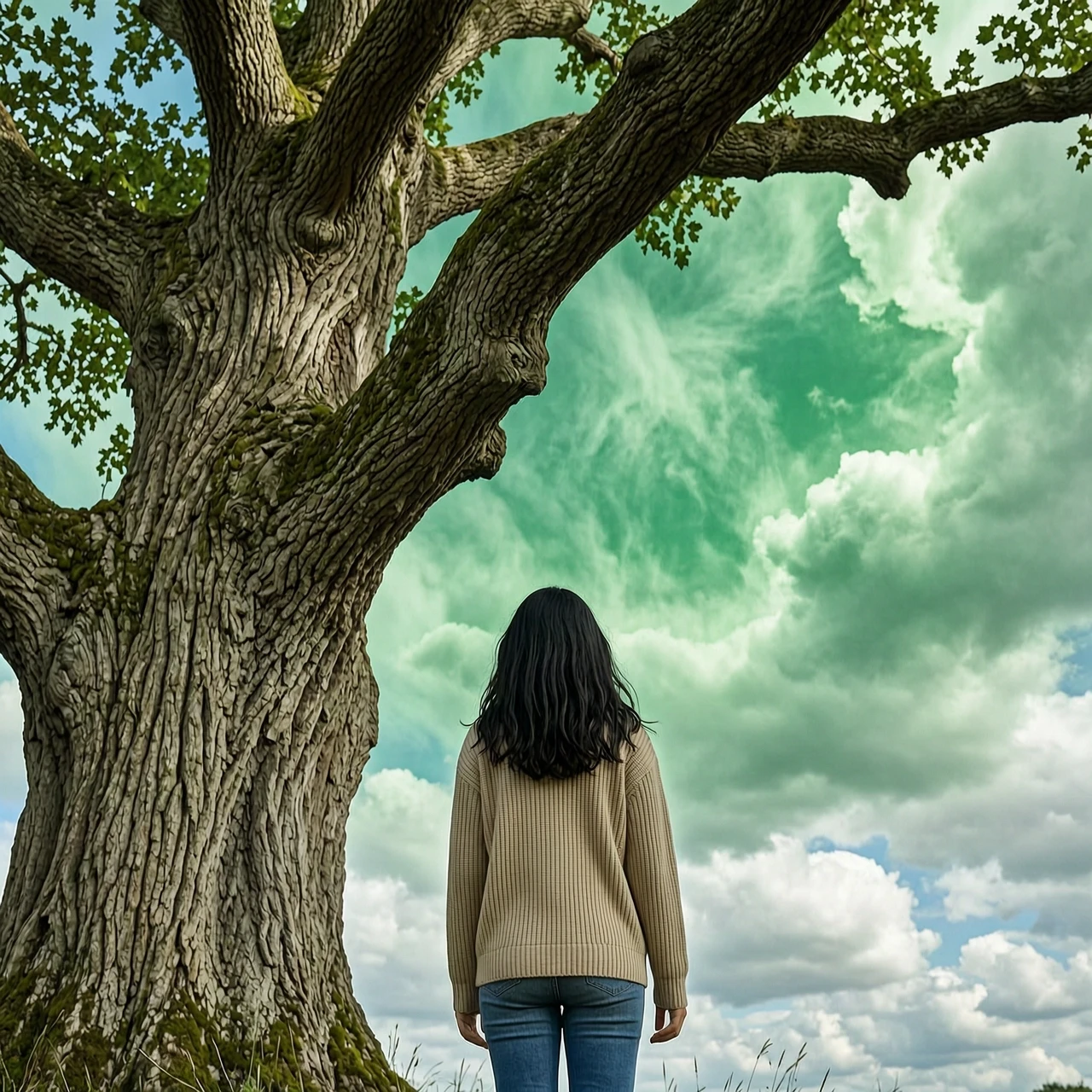 Create a photo. A girl with dark hair is standing with her back to the camera. She is standing by an ancient tree and looking at the beautiful green sky. — работа пользователя…