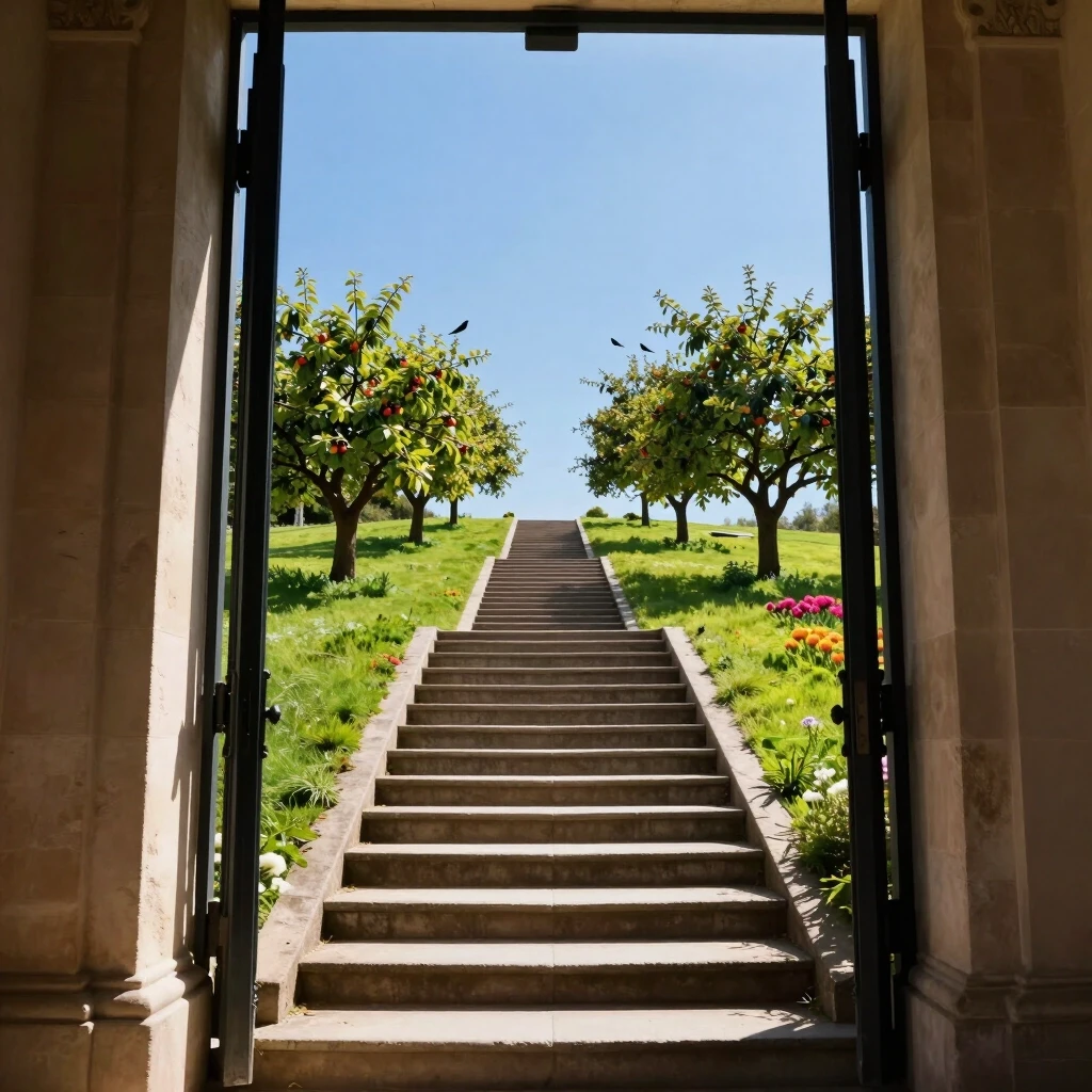 The staircase recedes into the distance towards the gate. Beyond the gate is a sunny meadow, blue sky, fruit trees, birds, and flowers. — работа пользователя Кристаллический Шаман