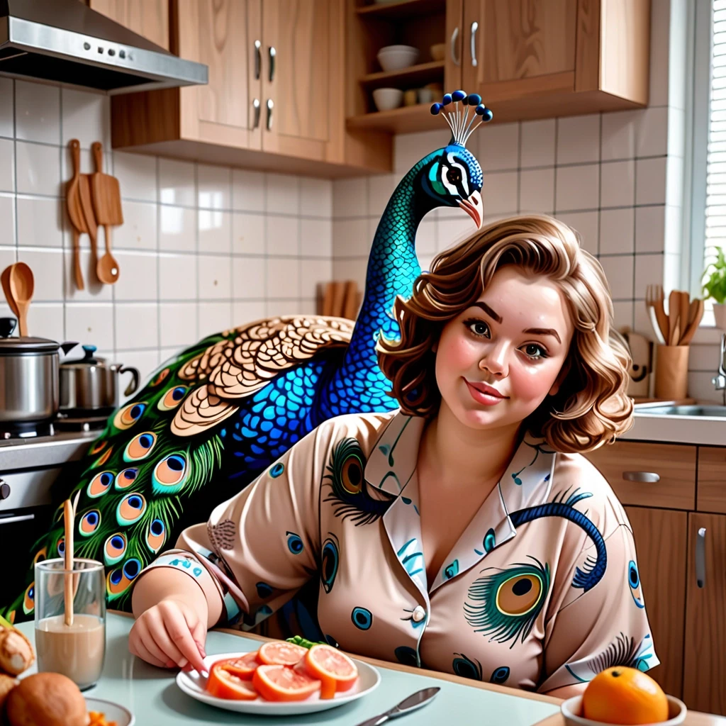 еализм, профессиональная фотография, крупный план, мультяшный стиль, женщина полненькая, волнистые короткие светло русые волосы, девушка одета в милую пижаму с принтом павлинов,…