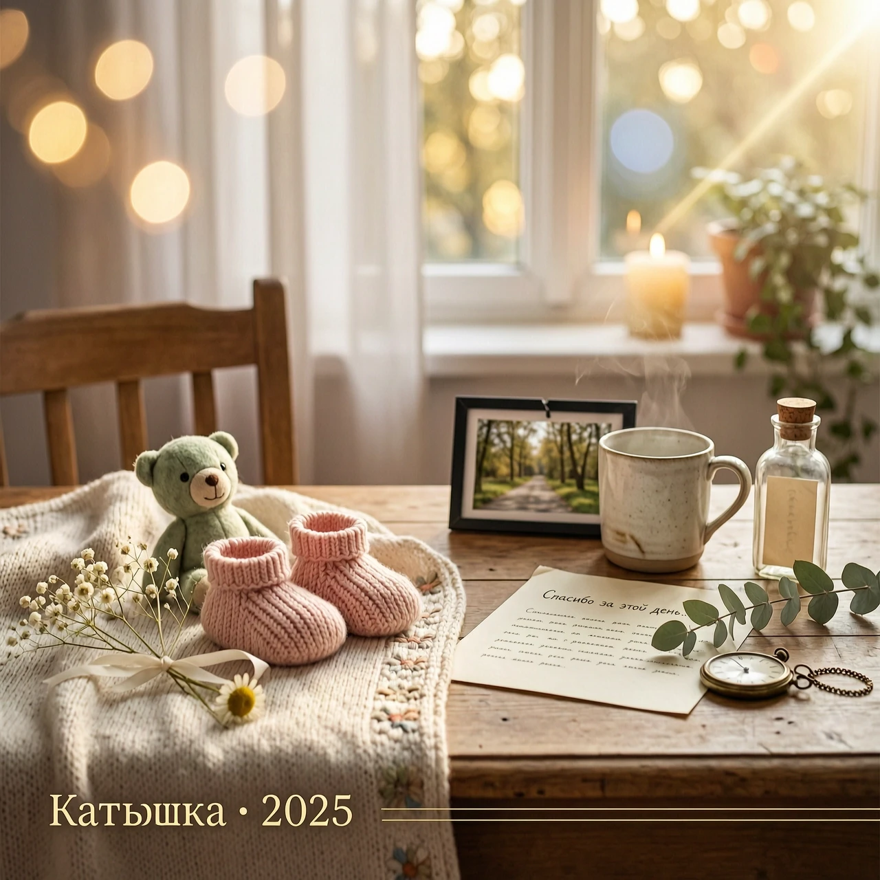 Кинематографичный фотореалистичный юбилейный слайд, посвящённый Катюшке и событиям 2025 года. Тёплое личное воспоминание, уютная атмосфера, естественный домашний или прогулочный…