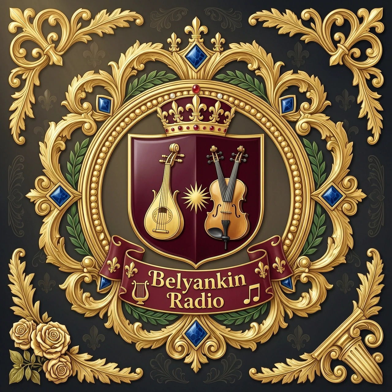 Создай логотип Belyankin Radio. Belyankin Radio музыкальное радио. XVII век, Франция, стиль барокко, геральдика, роспись, глянец, лак, золото, боковой солнечный свет, блики,…