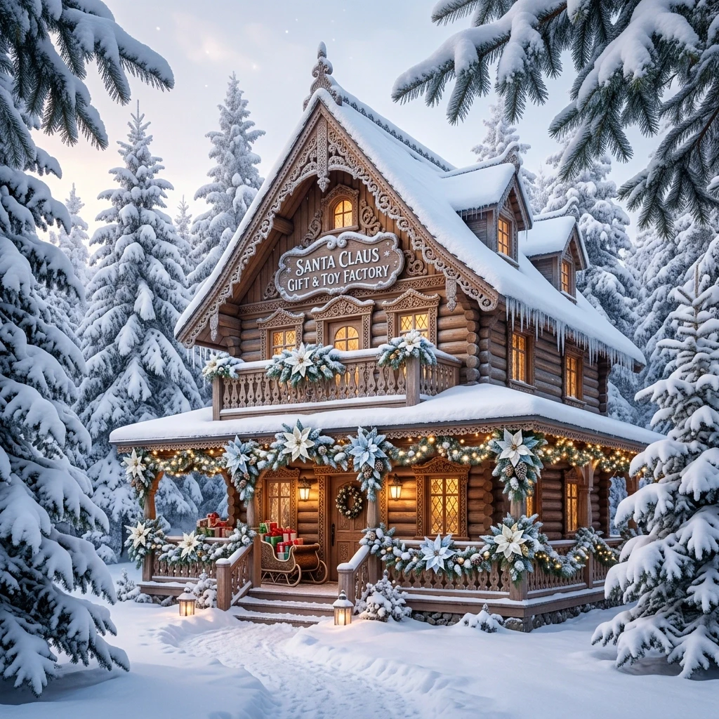 A carved house with a balcony and a veranda, comfortably located in a winter forest surrounded by fluffy fir trees under large spreading branches. Bright white poinsettias and…