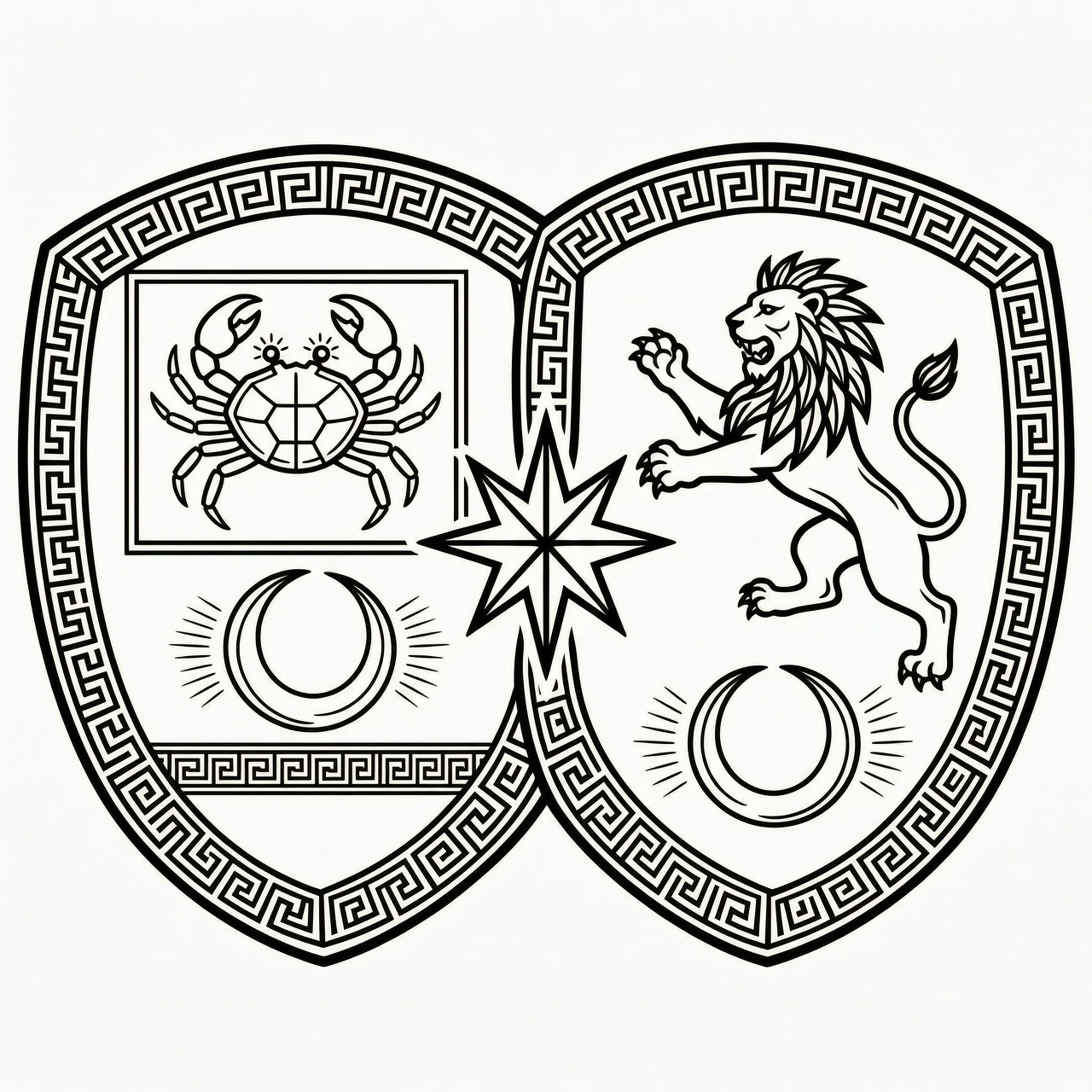 Two ancient Greek shields fitting together like puzzle pieces, left shield with crab and crescent below, right shield with lion and crescent above, interlocking edges, shared…