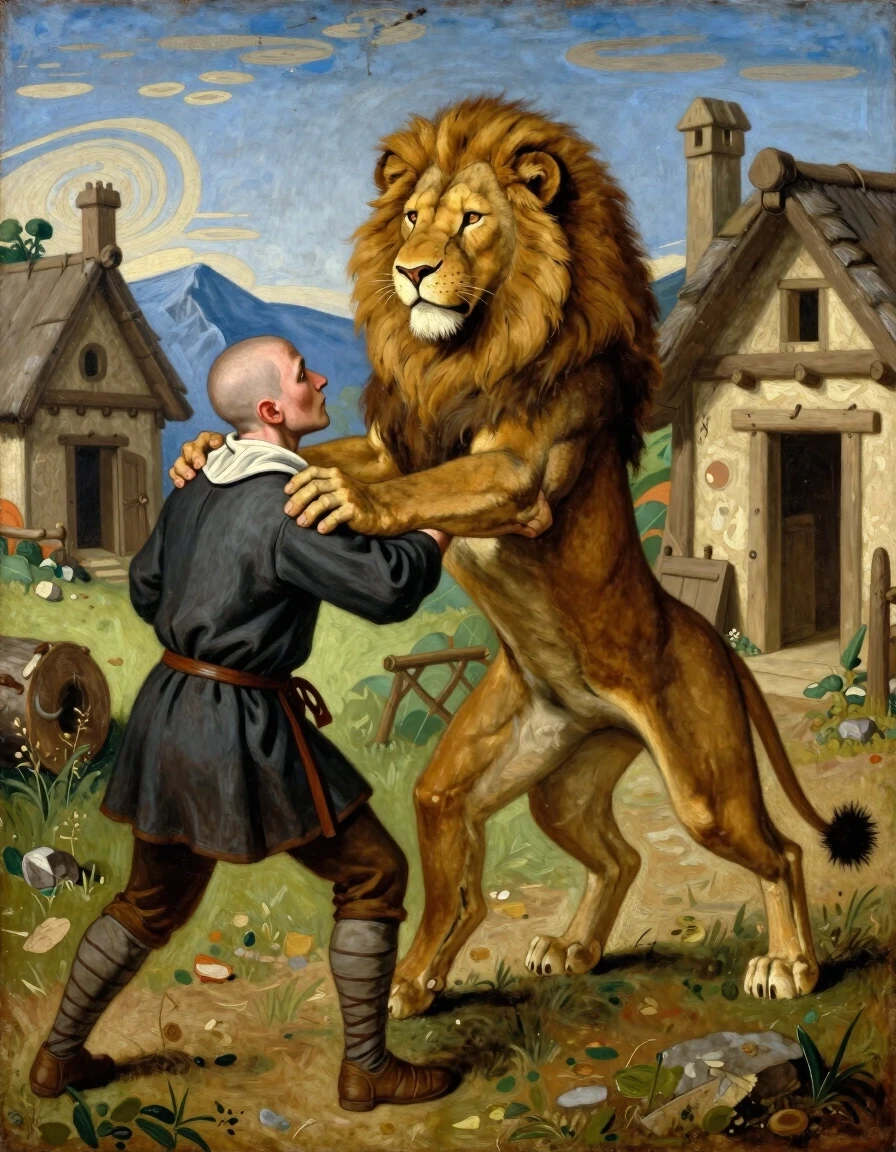 Create an image in the style of a medieval oil painting: a forty-year-old anthropomorphic lion, with a human body and a leonine head, grabs a young thief by the shirt collar…
