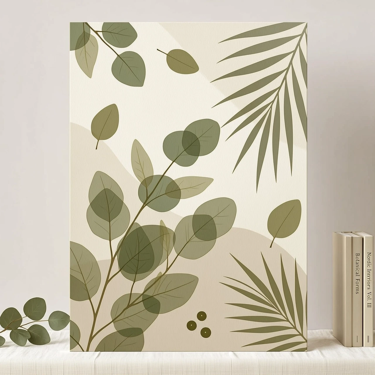 Minimalist interior wall art poster, abstract botanical composition with flowing organic shapes, overlapping eucalyptus leaves and palm shadows, textured matte paper background,…