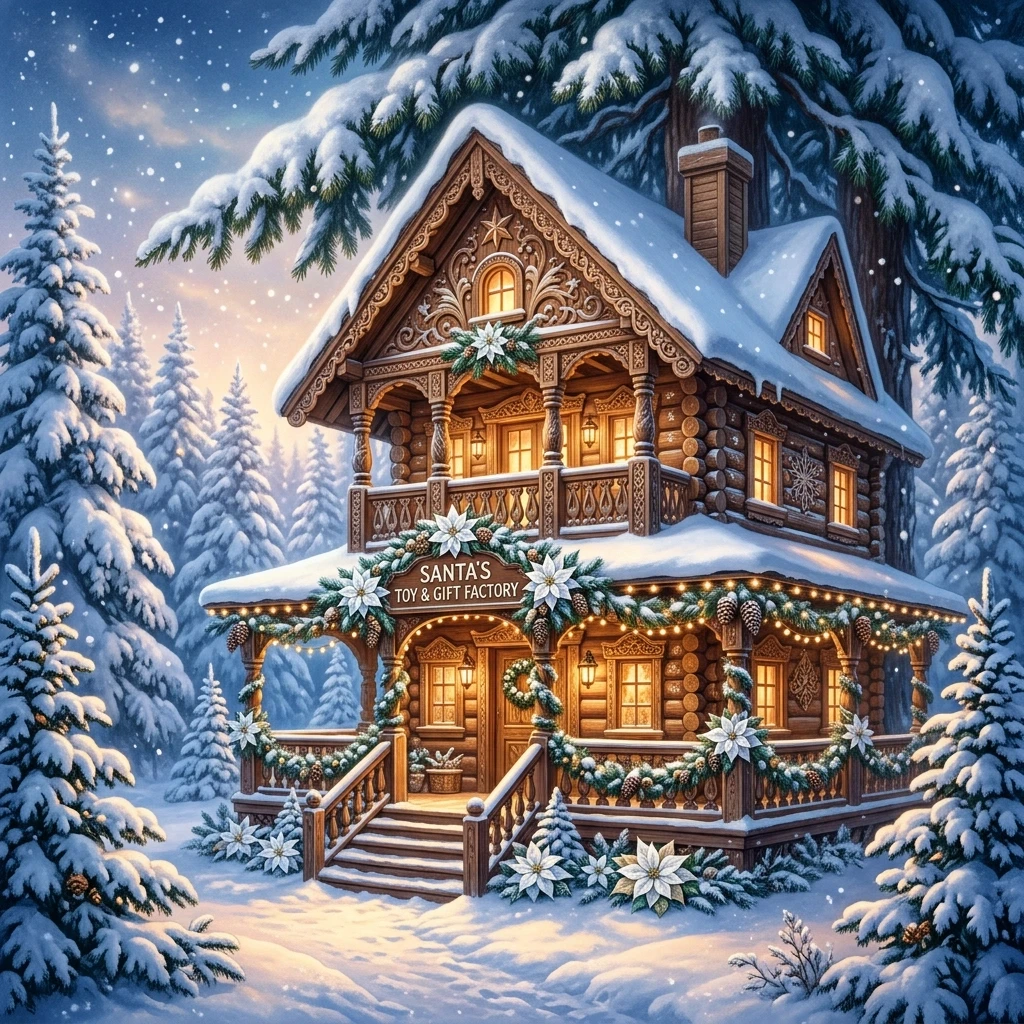 A carved house with a balcony and a veranda, comfortably located in a winter forest surrounded by fluffy fir trees under large spreading branches. Bright white poinsettias and…