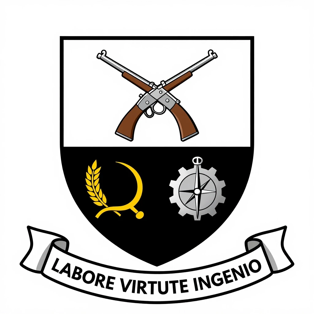 Heraldic coat of arms, family shield with a pall division into three sections (Y-shape partition). Section 1 (top): 19th-century infantry uniform elements and crossed muskets.…