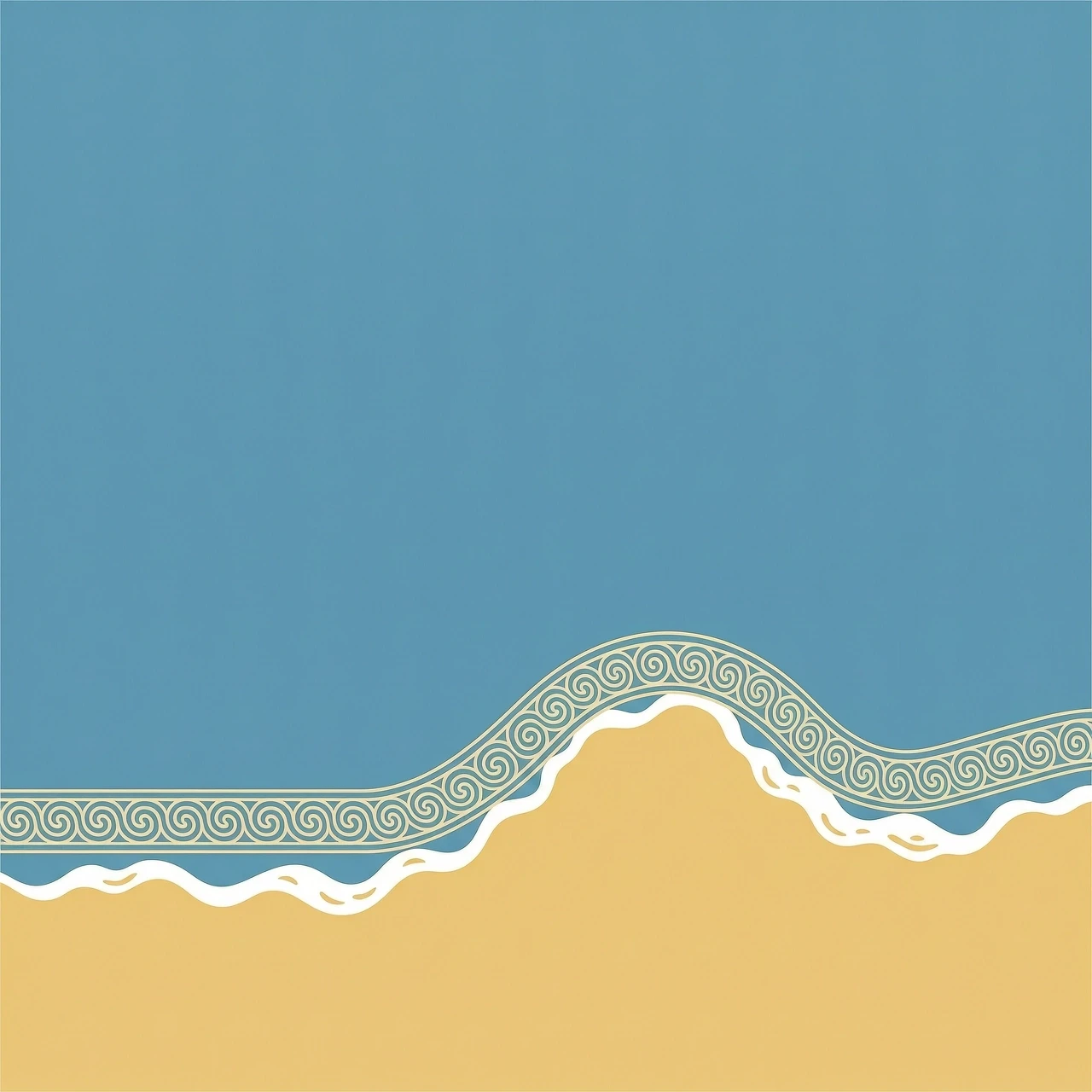 A vertical minimalist digital art piece. The top two-thirds of the image is a beautiful blue sea, the bottom one-third is warm yellow sand. The shoreline water wave with soft…