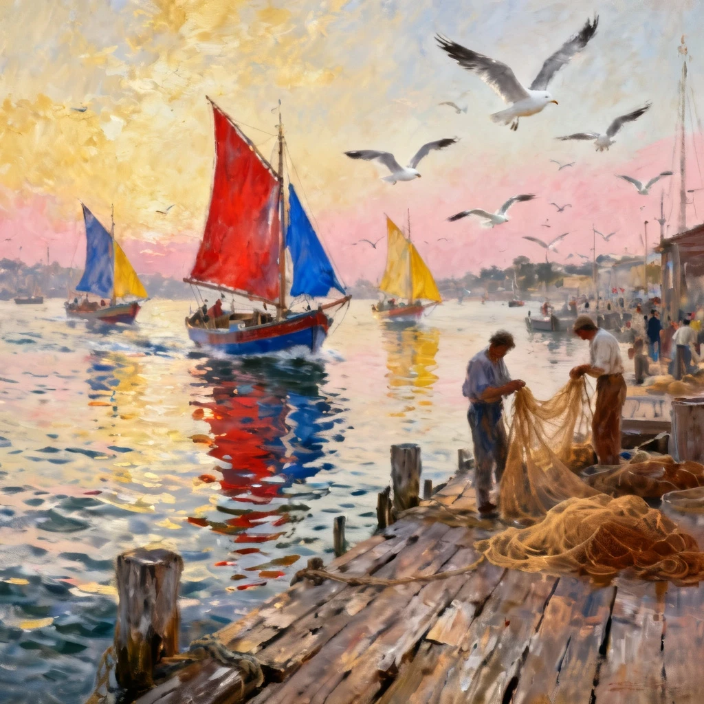 A vibrant digital painting capturing the lively atmosphere of a bustling harbour at dawn. Fishing boats with colorful sails are returning to shore, their reflections shimmering…