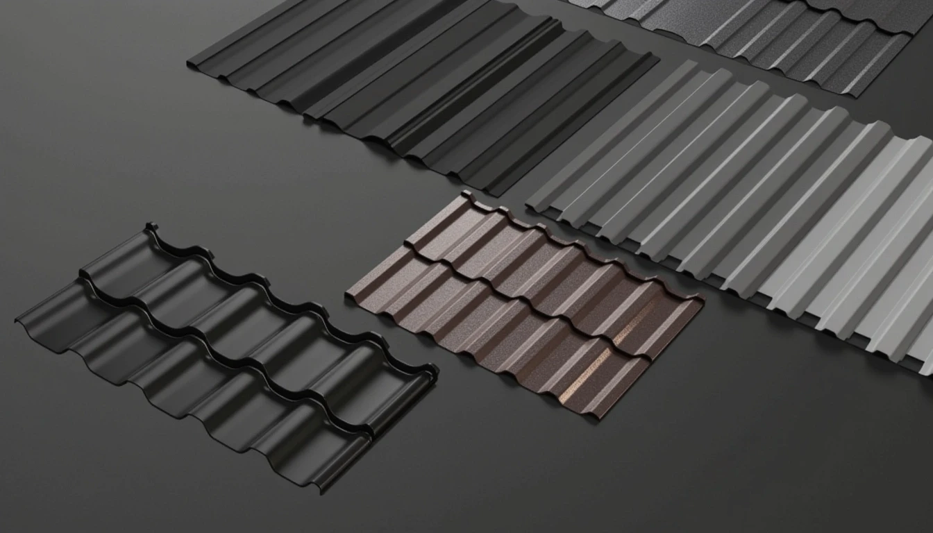 Professional commercial catalog photography, extreme close-up shot of premium metal roofing samples and profiled sheets arranged artfully on a flat matte slate surface. The…