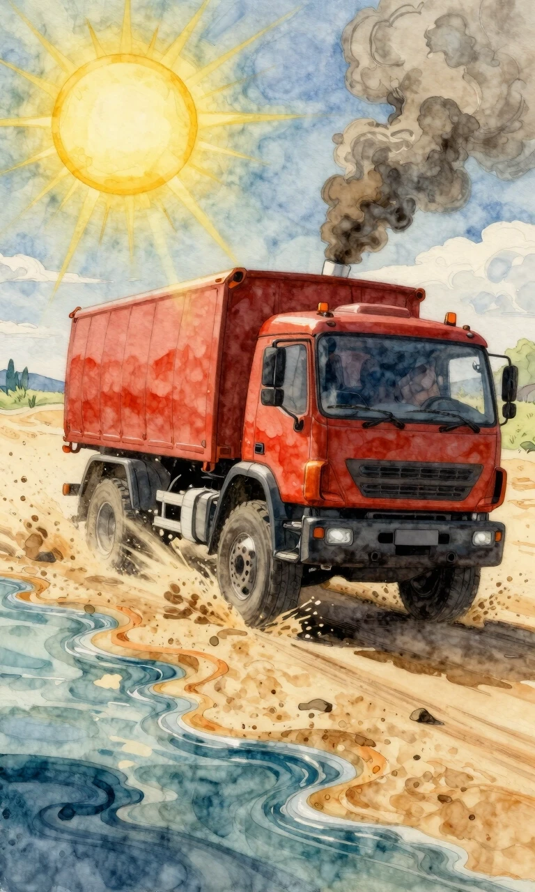 Watercolor cartoon reality, Vrubel + Bilibin style. A car drives on sand near water. A large truck. Large handfuls of sand fly out from under the wheels. The sun is shining…