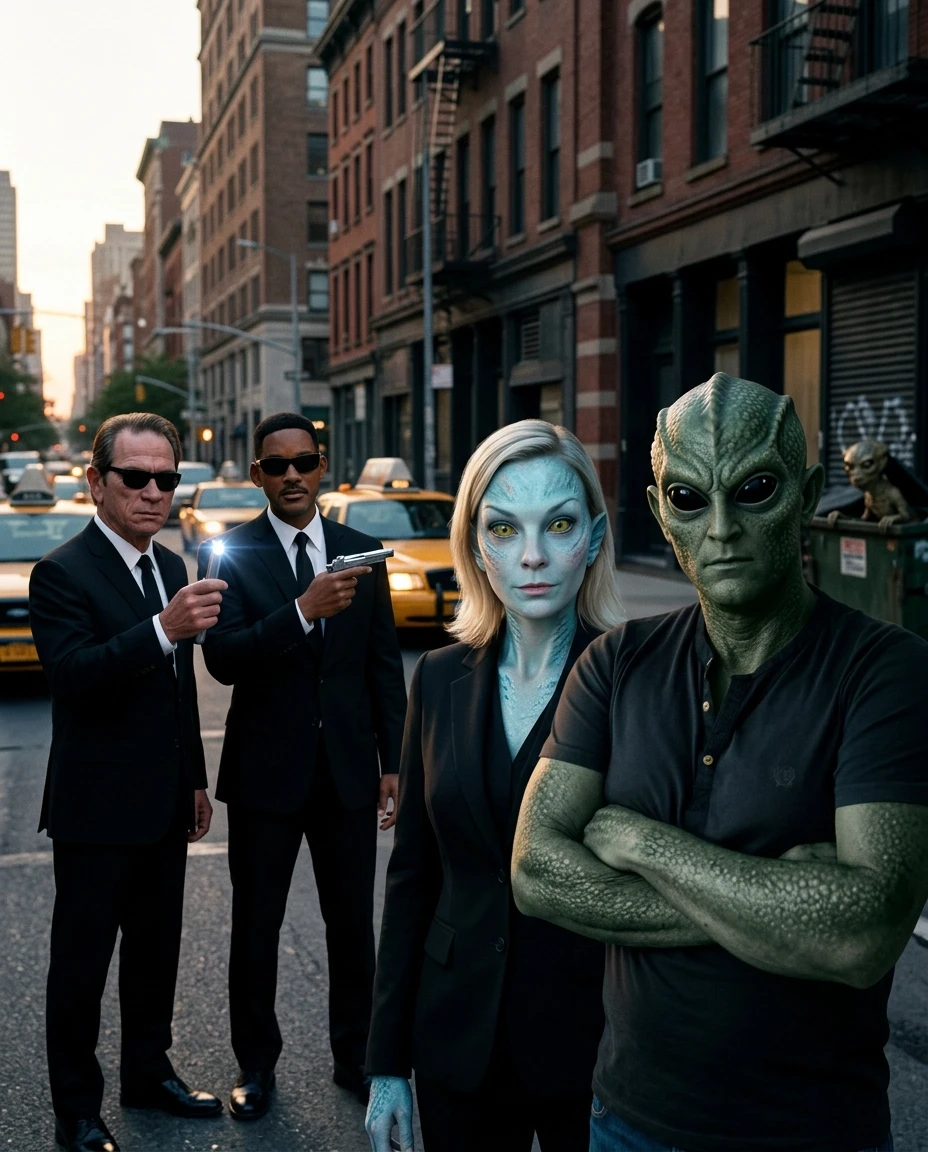 Cinematic film still from "Men in Black", hyper-realistic movie shot. A composition featuring two characters: a man and a woman transformed into extraterrestrial…