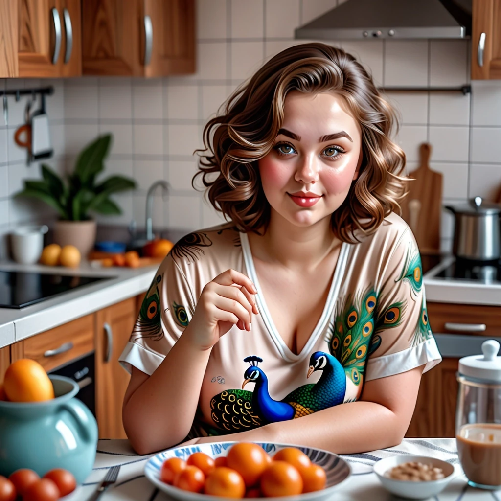 еализм, профессиональная фотография, крупный план, мультяшный стиль, женщина полненькая, волнистые короткие светло русые волосы, девушка одета в милую пижаму с принтом павлинов,…