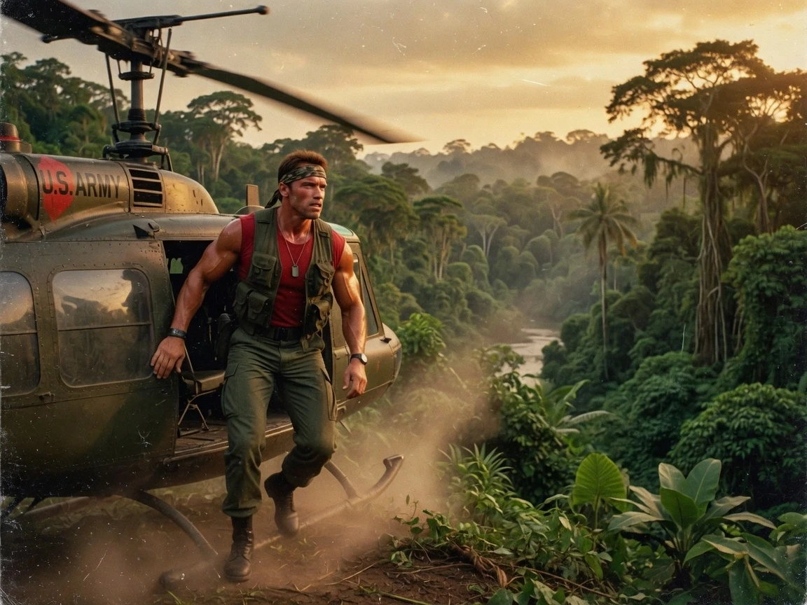 Arnold Schwarzenegger as Dutch from Predator (1987), stepping off a military helicopter, wearing a red sleeveless shirt and tactical green pants, looking intensely at the dense…