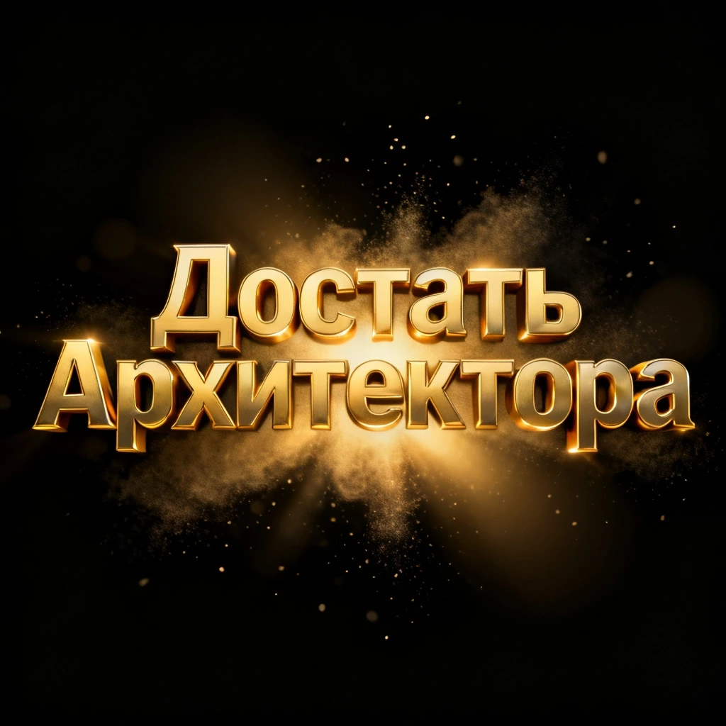 Cinematic glowing golden title text in Russian: "Достать Архитектора", luxury metallic gold figured letters, soft golden glow and light bloom around the text,…
