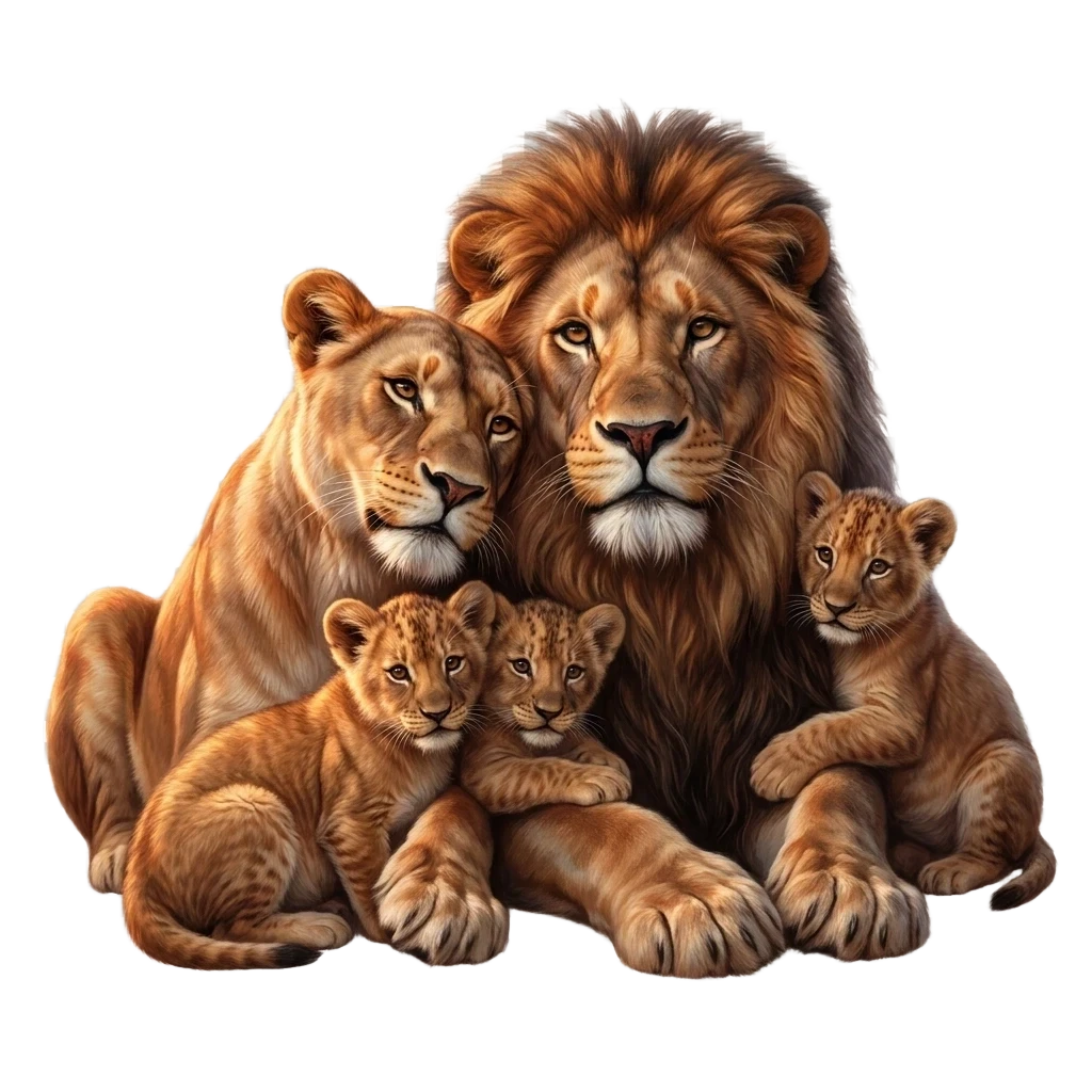 Draw a touching scene: a lion family, closely pressed against each other, conveys a sense of love, understanding, warmth, and affection. In the center is the father lion, next…