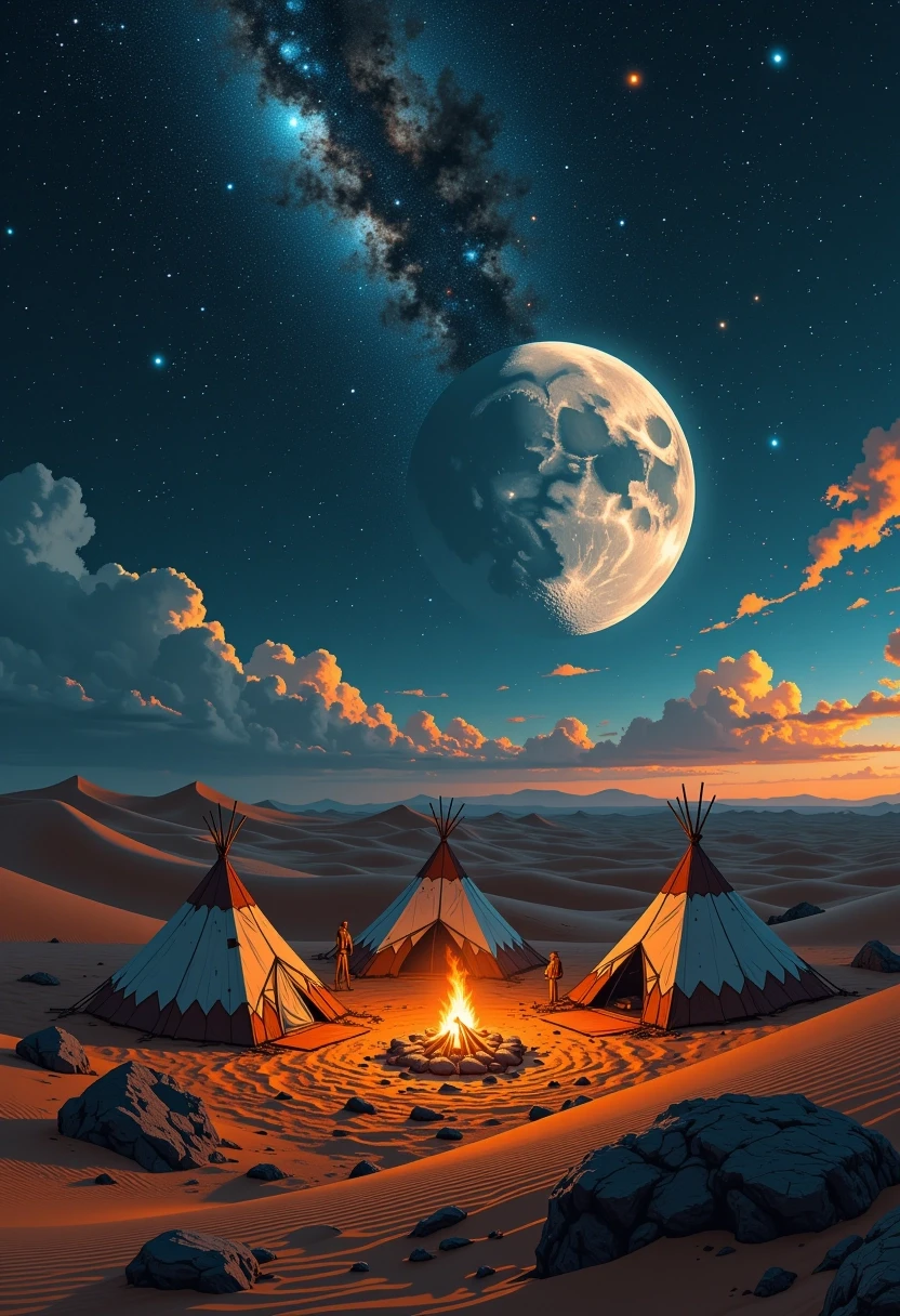 Cinematic wide shot of a vast, silent nocturnal desert landscape under a celestial sky. In the far distance, a nomadic desert tribe's camp is nestled among rolling sand…