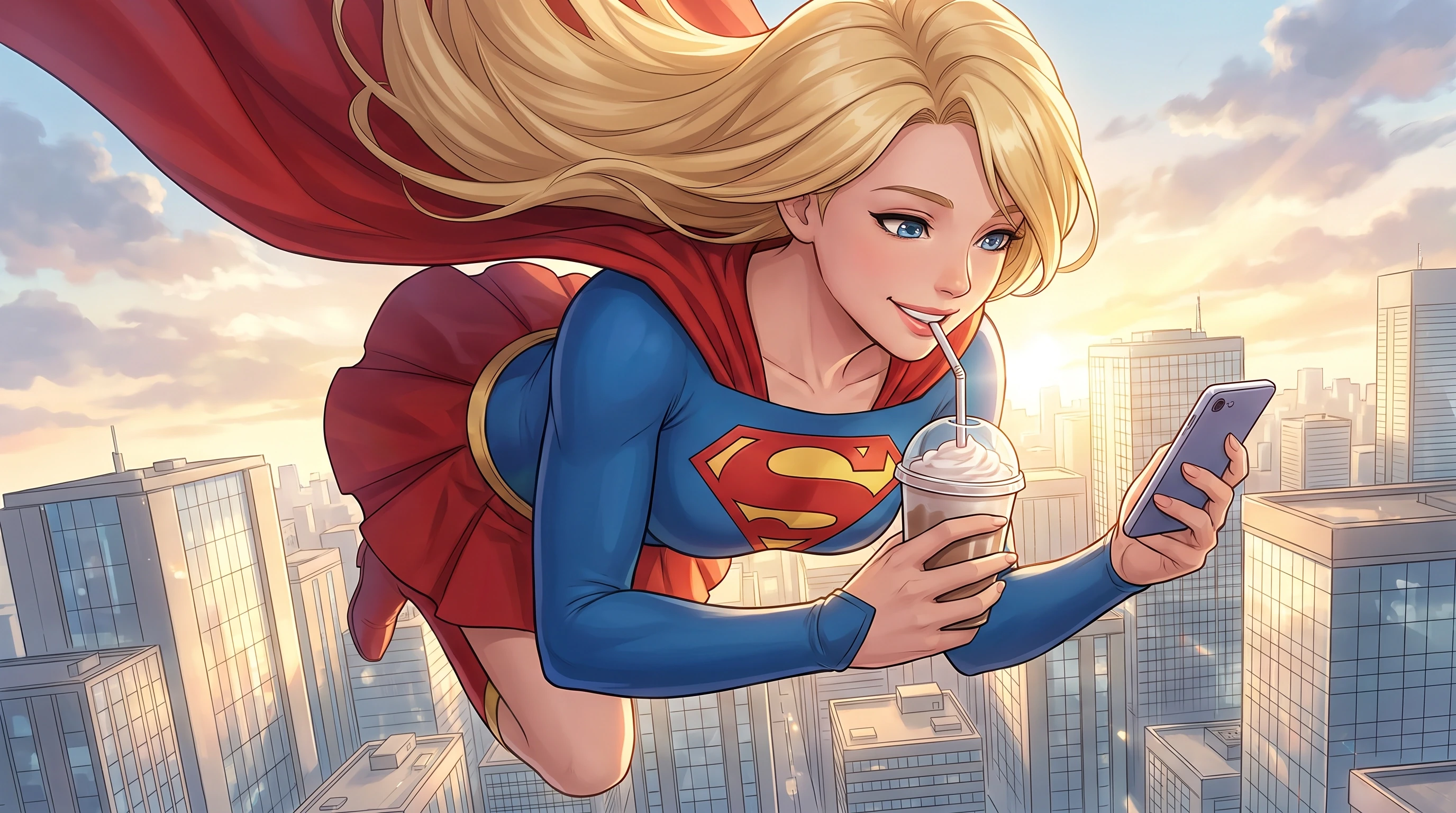 DC Comics (Франшиза), Супергерл, летит над городом, смотрит в свой смартфон и пьет молочный коктейль, на фоне утреннего города, стиль аниме с реалистичными деталями, крупный…