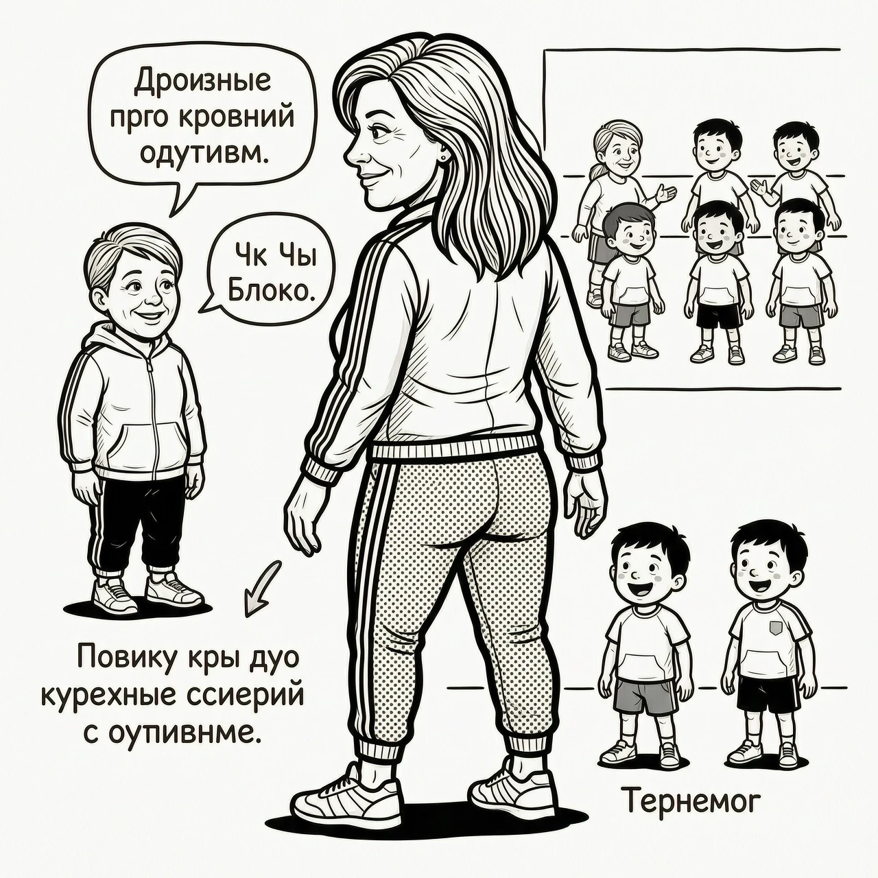 Референс персонажа - профиль, фас, 3/4, со спины. Стиль черно белый, линии рисунка и стилизация как в мультике про кота саймона и его хозяина. Персонаж женский 40 лет,…
